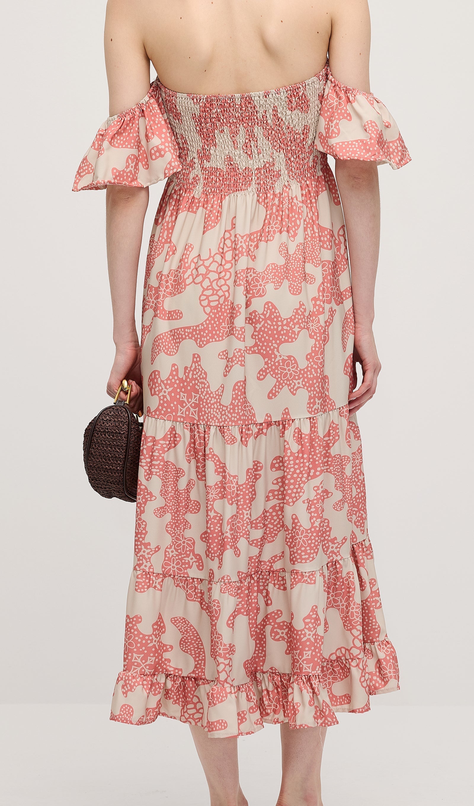 Omuz Açık Fırfırlı Baskılı Midi Elbise