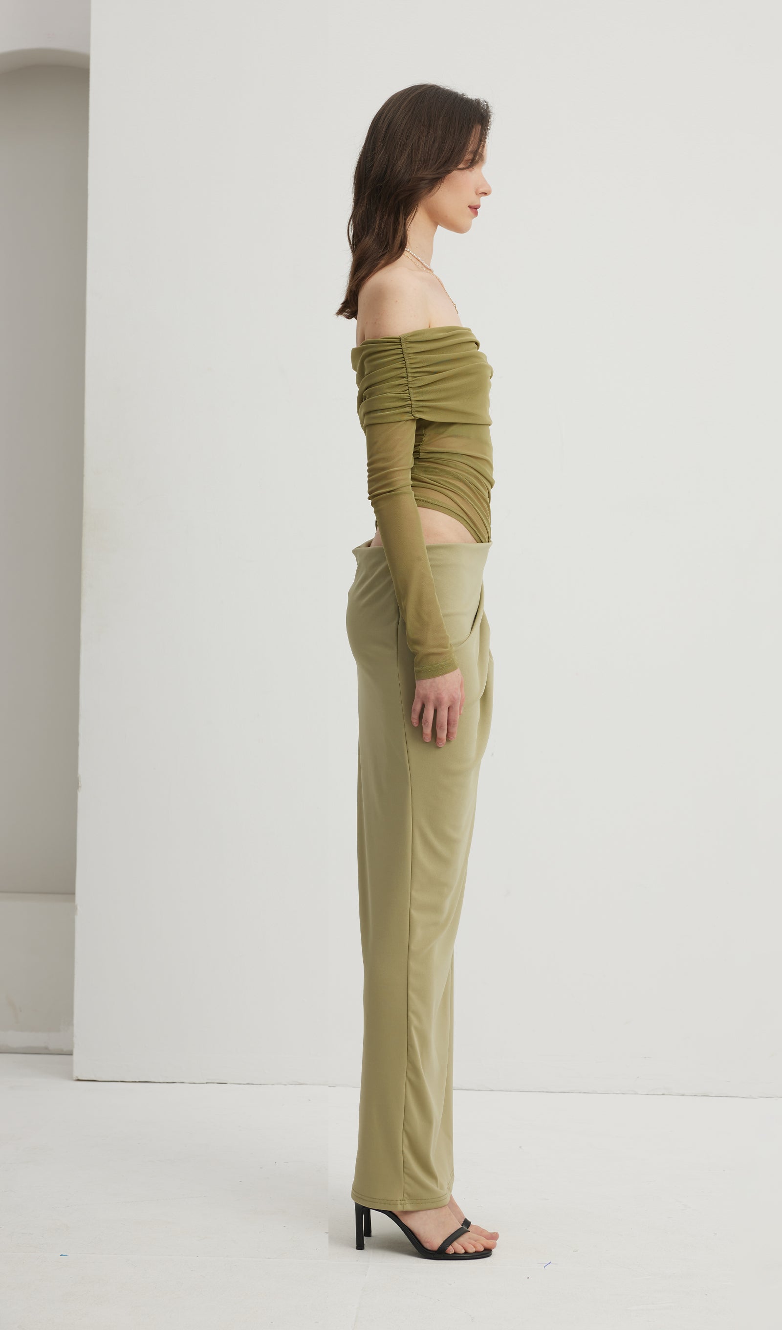 Omuz Açık Şeffaf Uzun File Yeşil