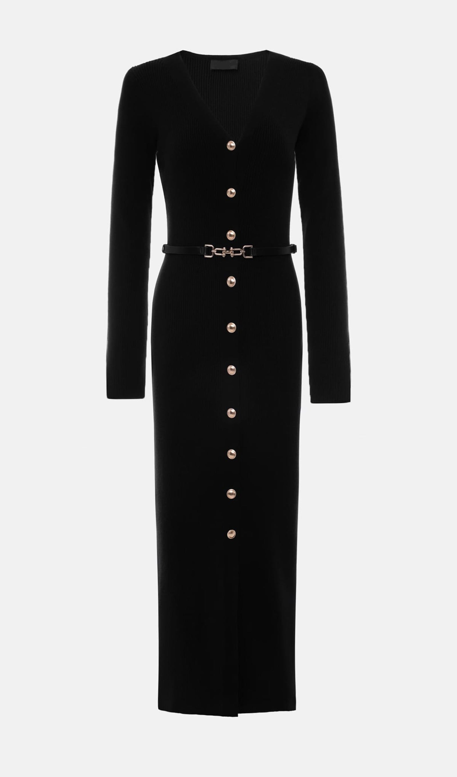 Örme V Yaka Midi Elbise - Siyah