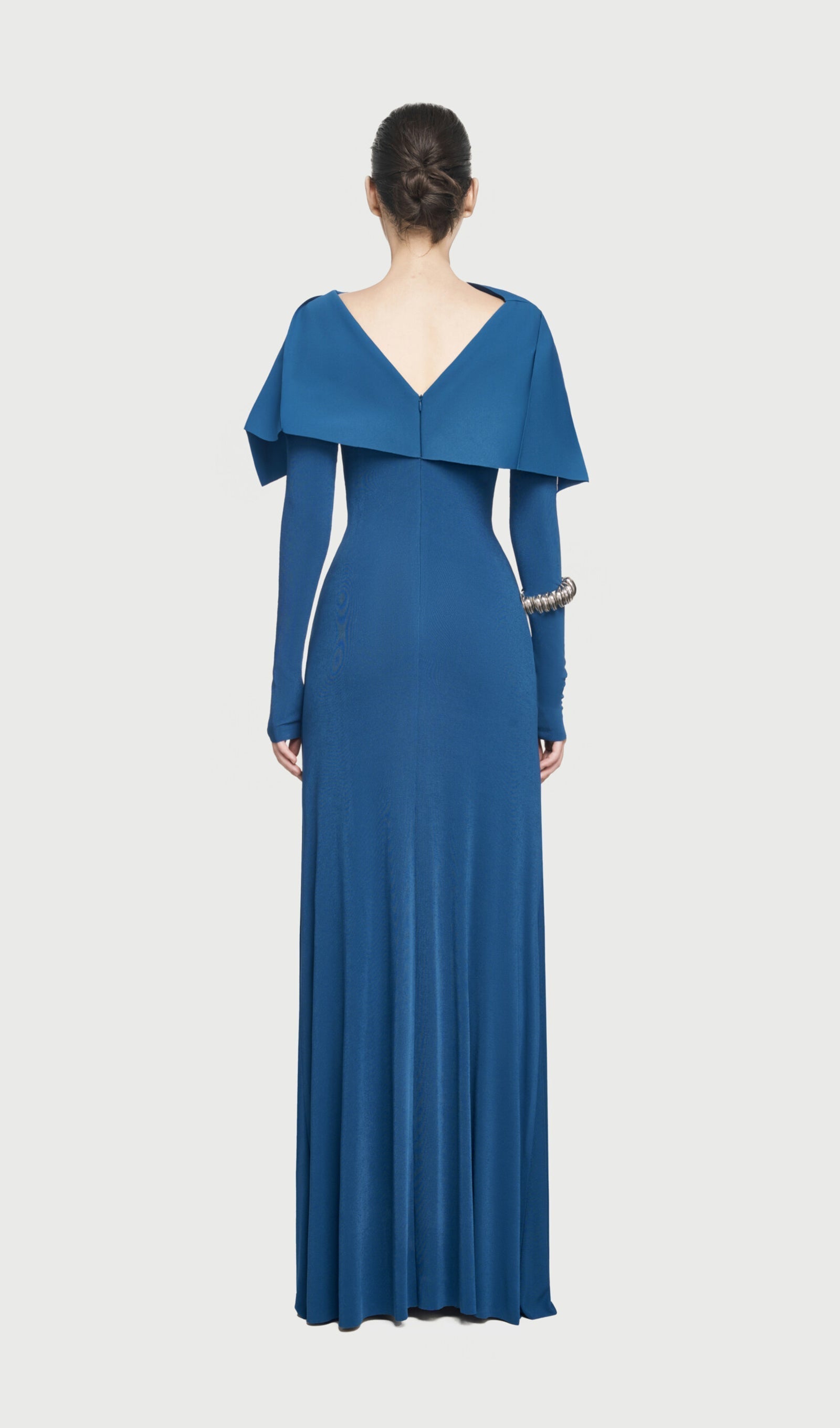 Mavi Asimetrik Drapeli Omuz Pileli Uzun Elbise