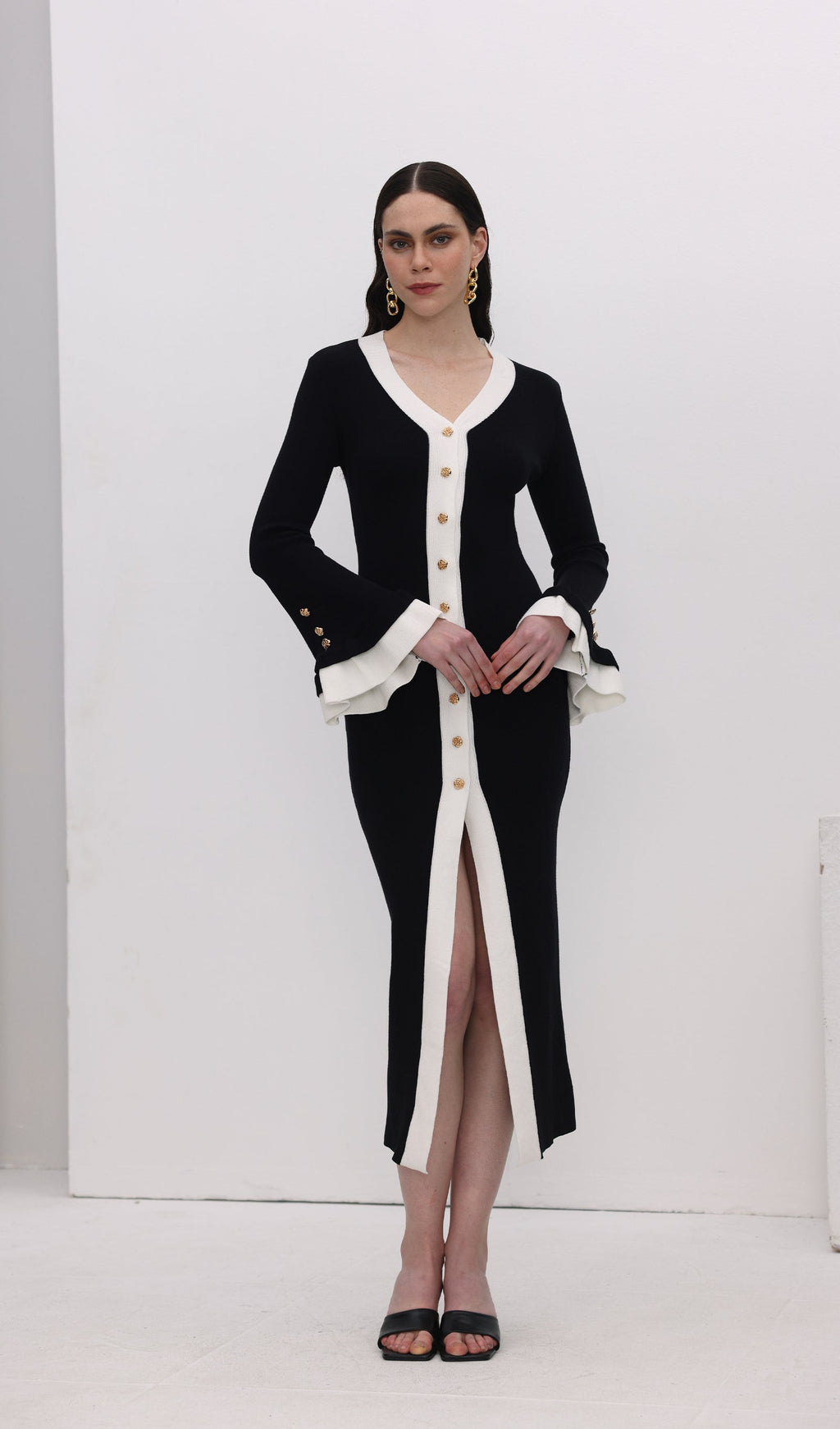 Örme Kontrast Manşetli Uzun Elbise