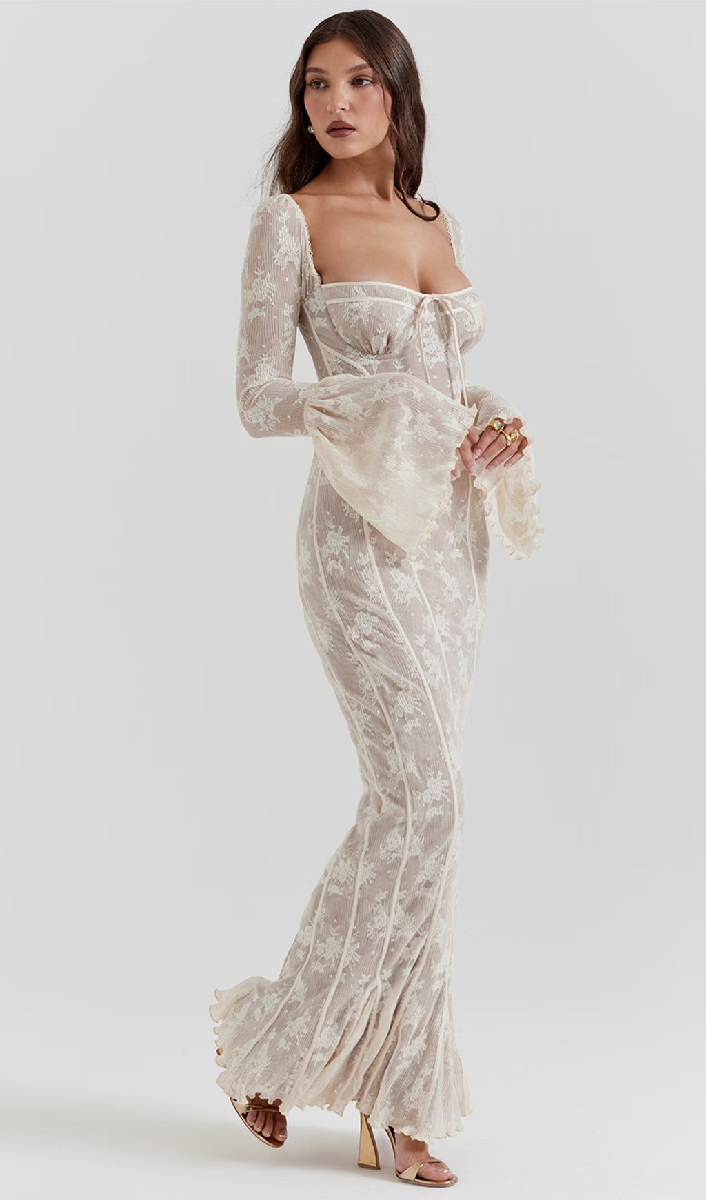 Vintage Krem Dantel Uzun Elbise