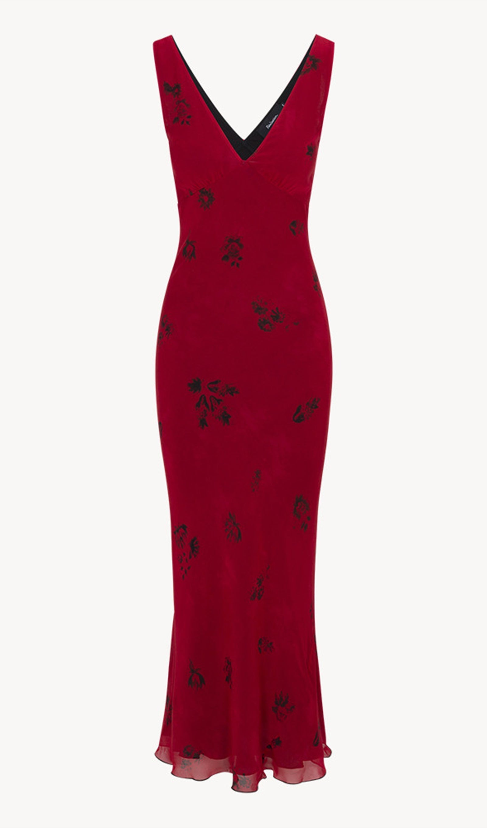 Kırmızı V Yaka Çiçekli Midi Elbise