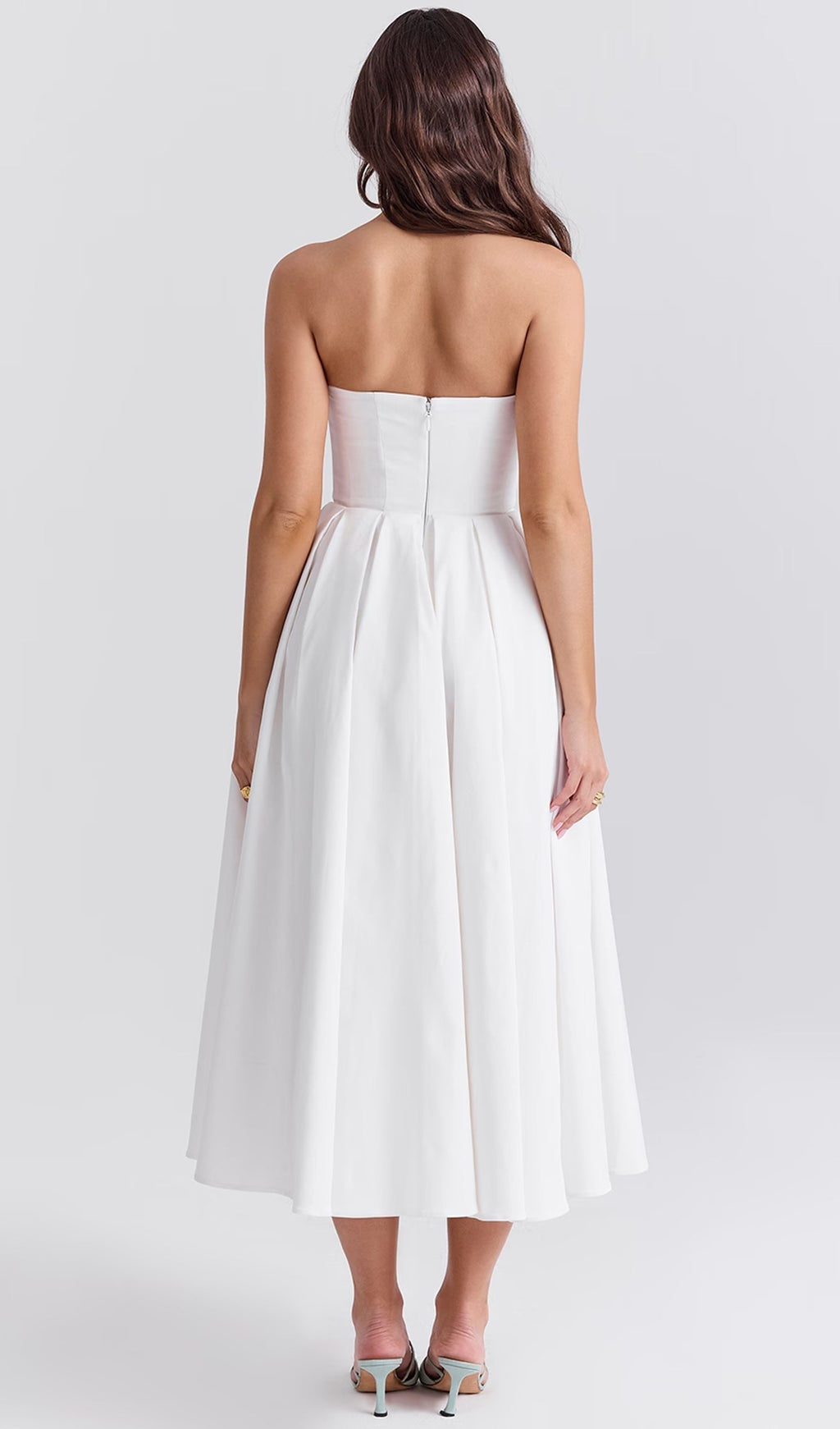 Askısız Korseli Midi Elbise Beyaz