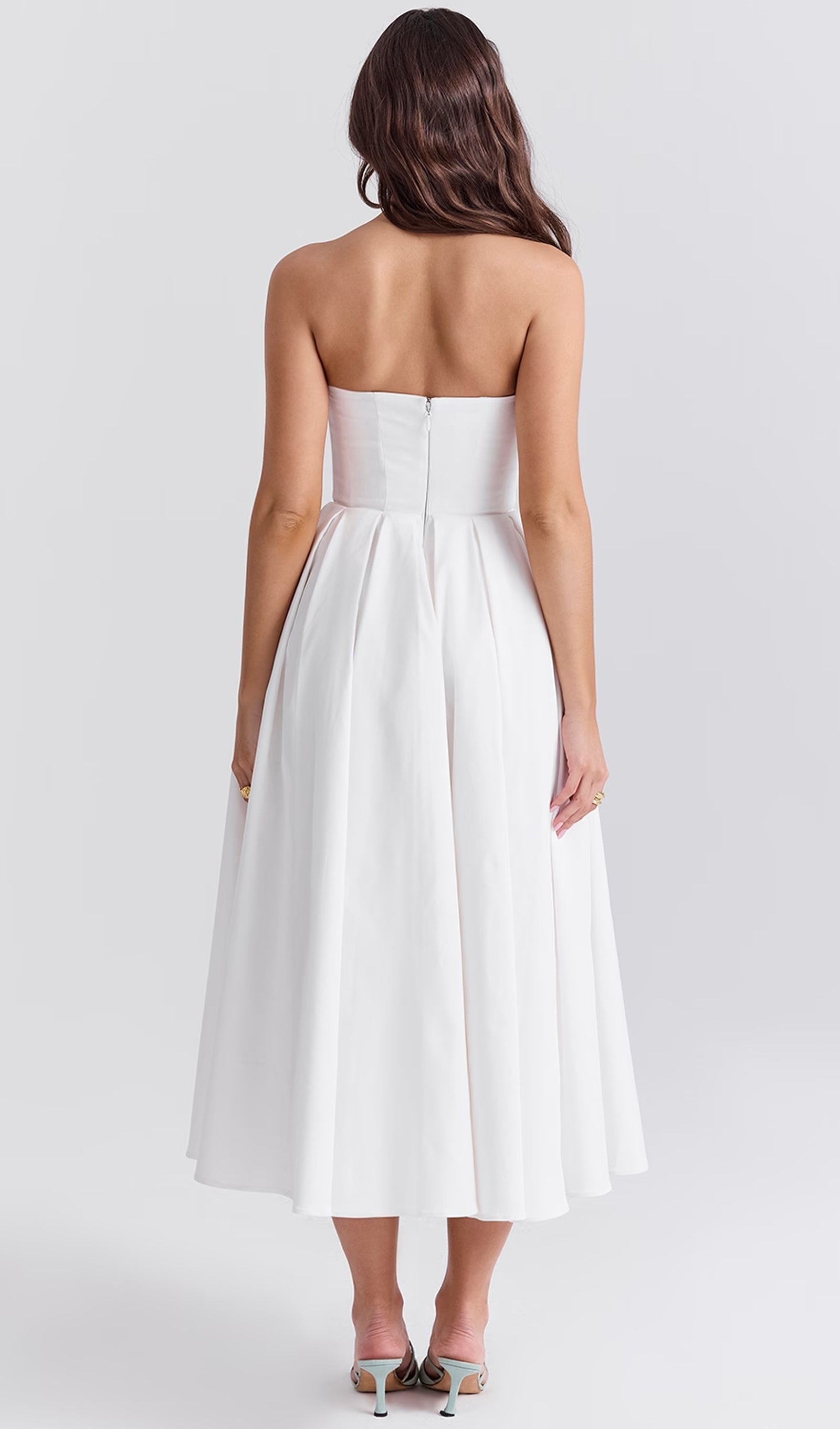 Askısız Korseli Midi Elbise Beyaz