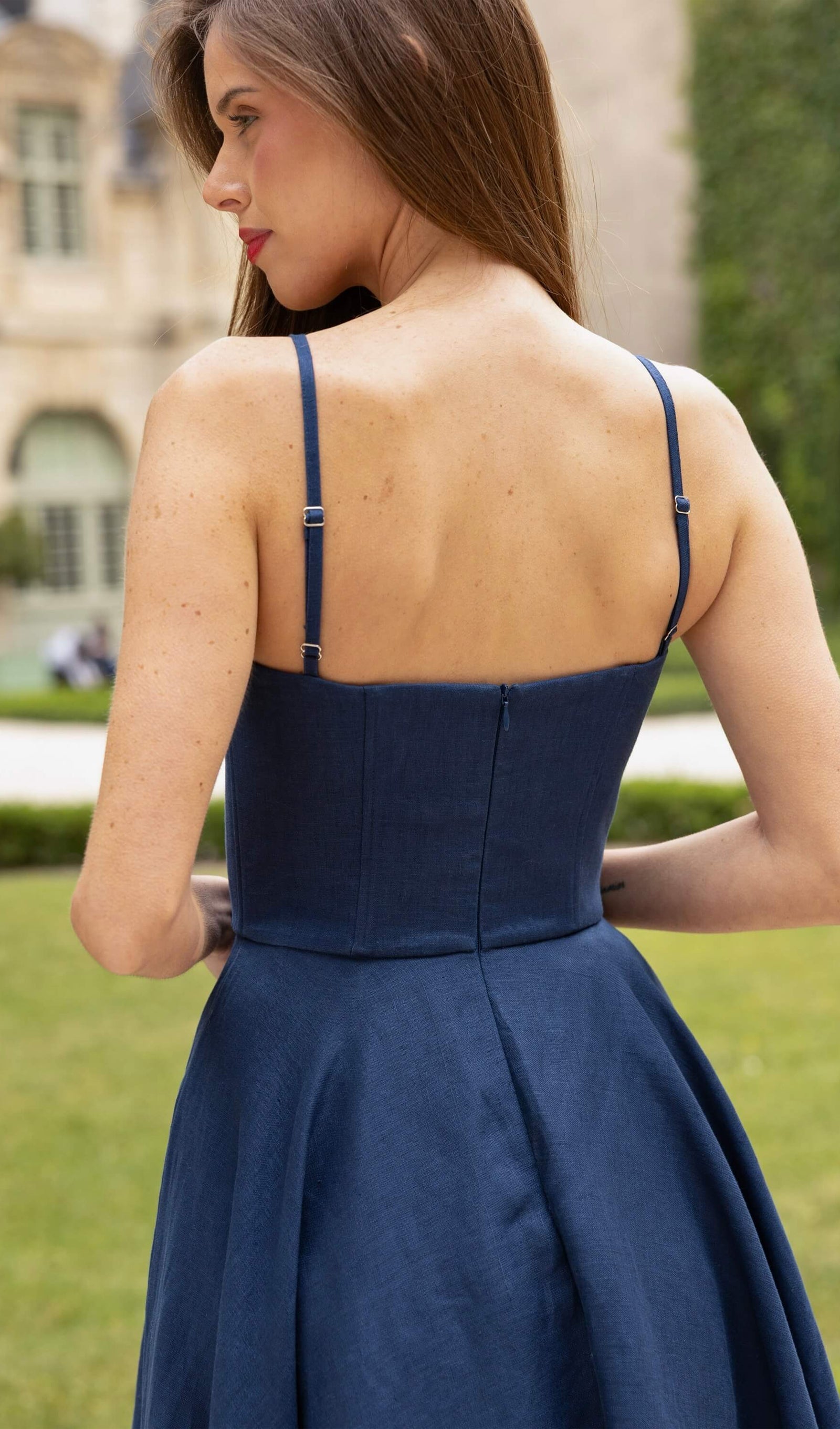 Kalp Yaka Midi Keten Elbise