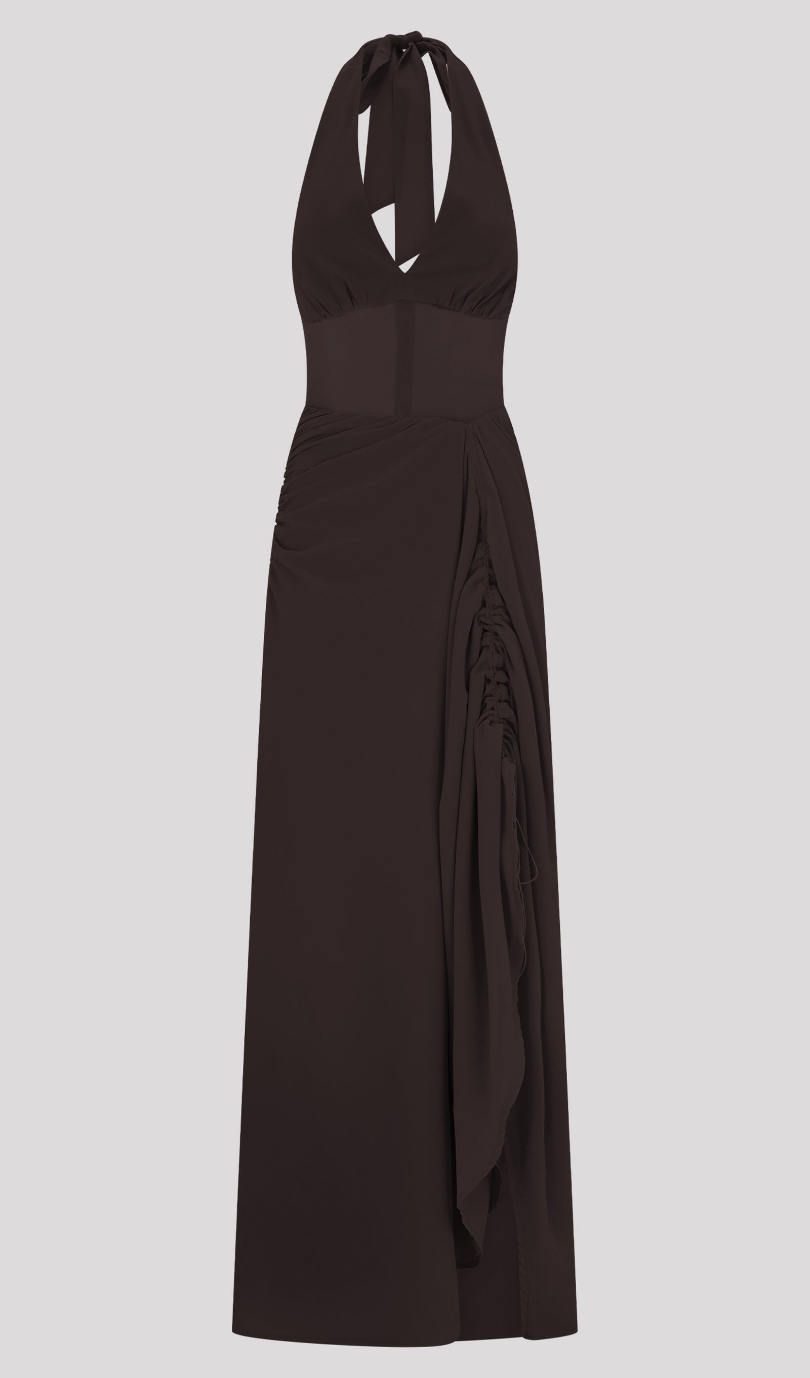 Koyu Çikolata Rengi Şifon Ve File Uzun Elbise