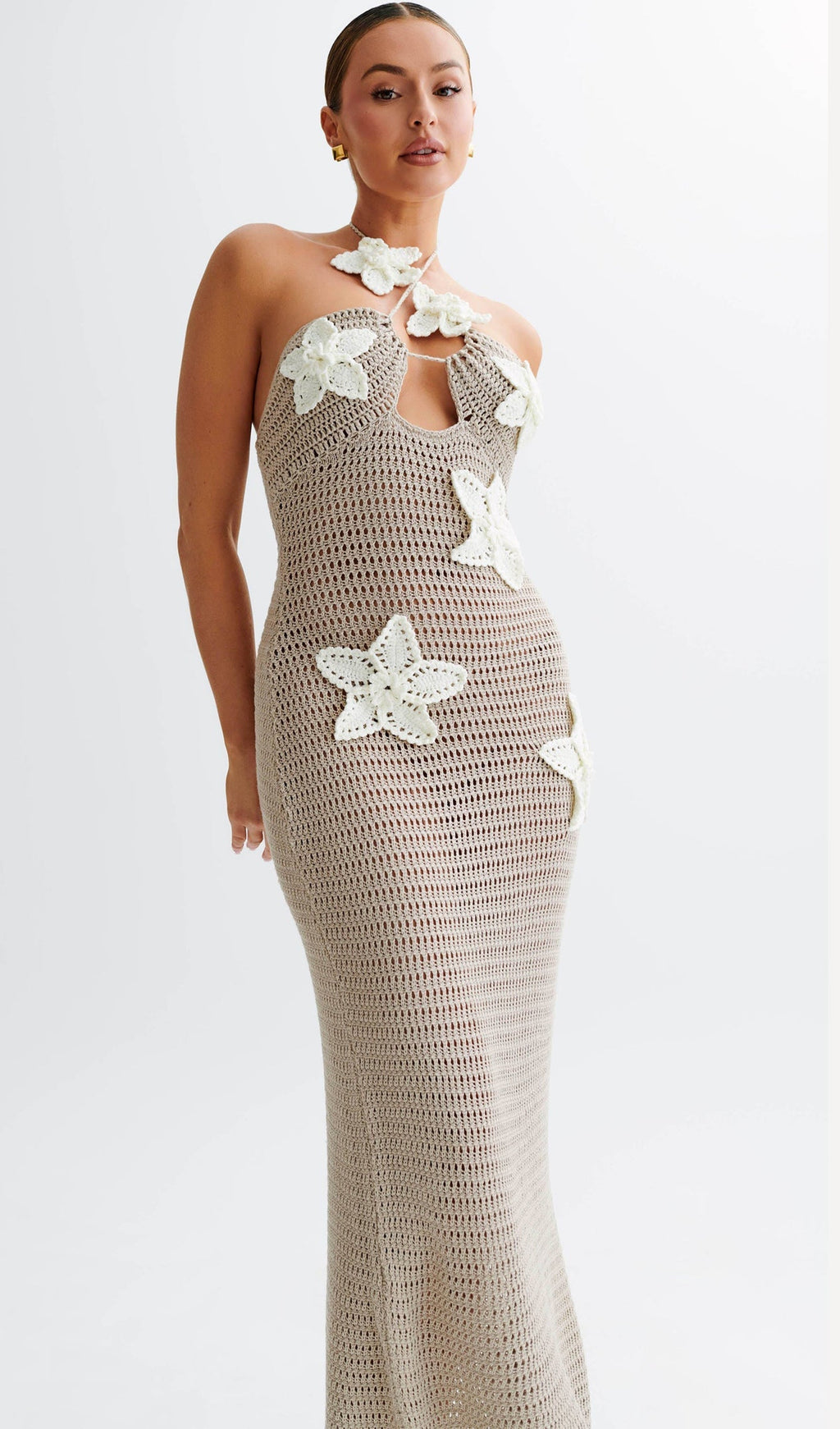 Çiçekli Tığ İşi Uzun Elbise Taupe