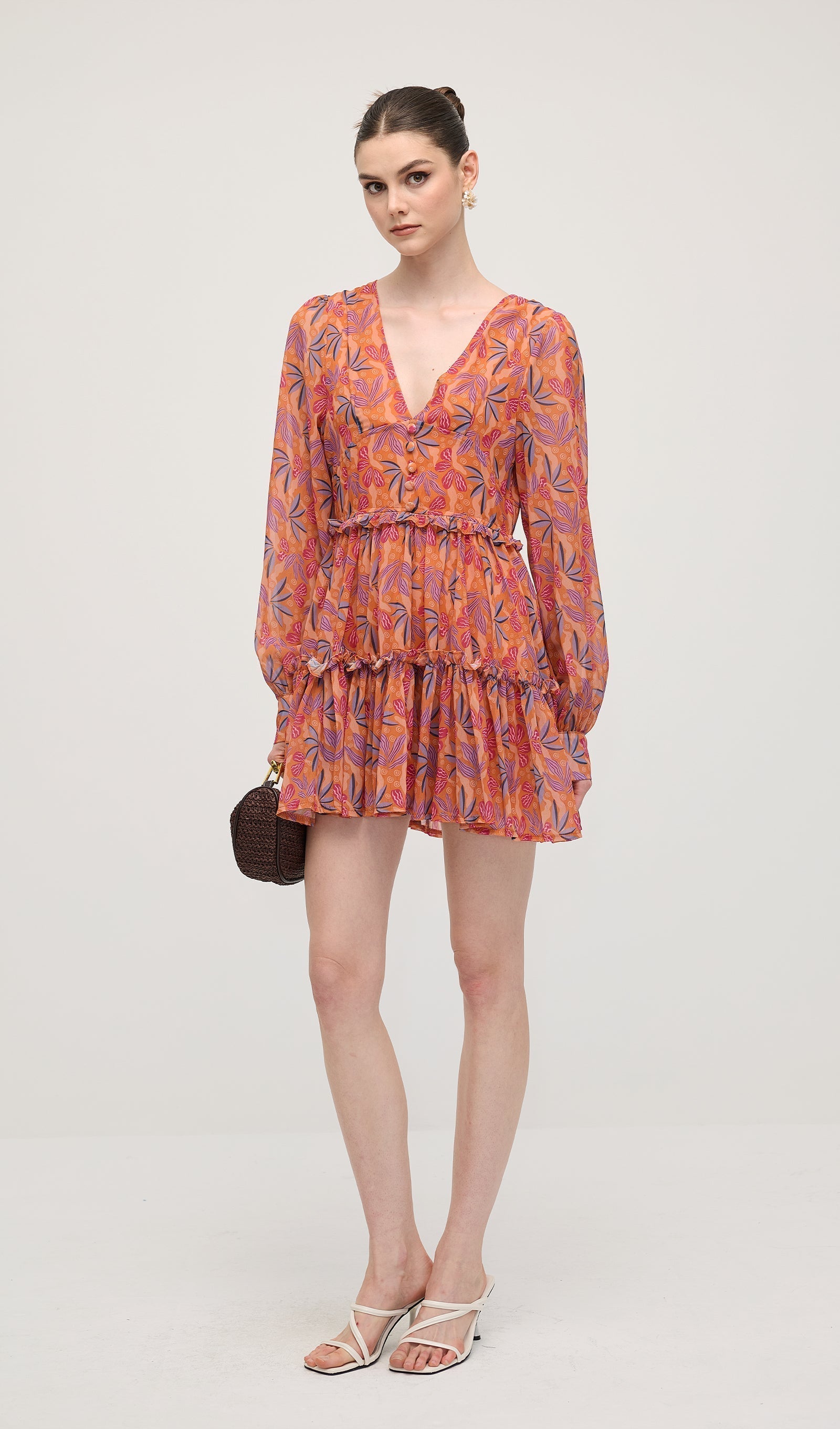 Çiçek Desenli V Yaka Fener Kollu Mini Elbise