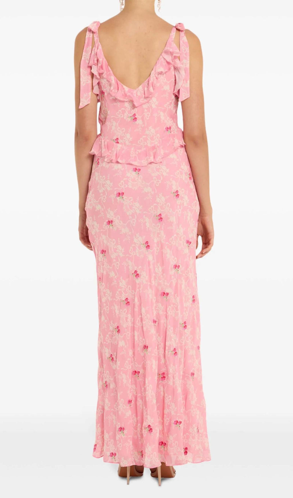 Çiçekli Volanlı File Uzun Elbise