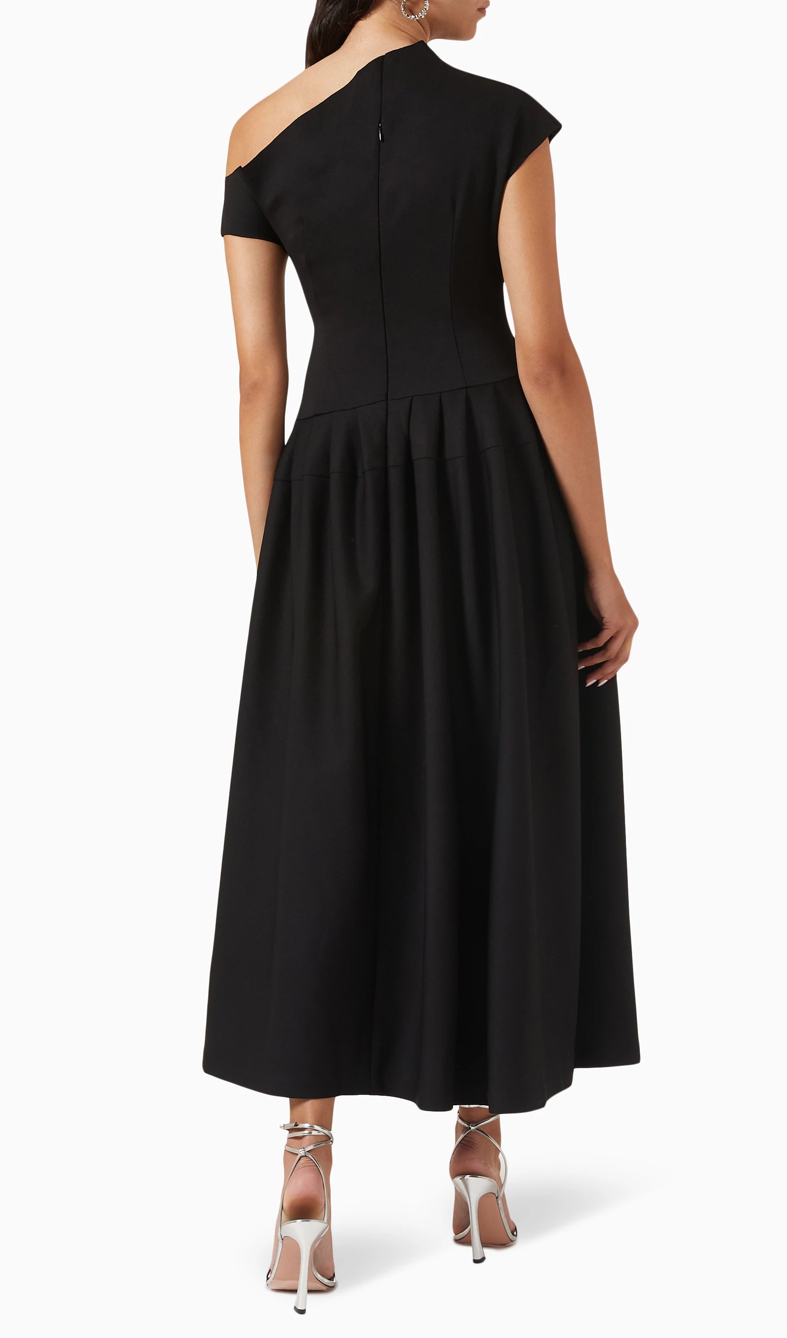 Siyah Asimetri Tek Omuzlu Midi Jersey Elbise