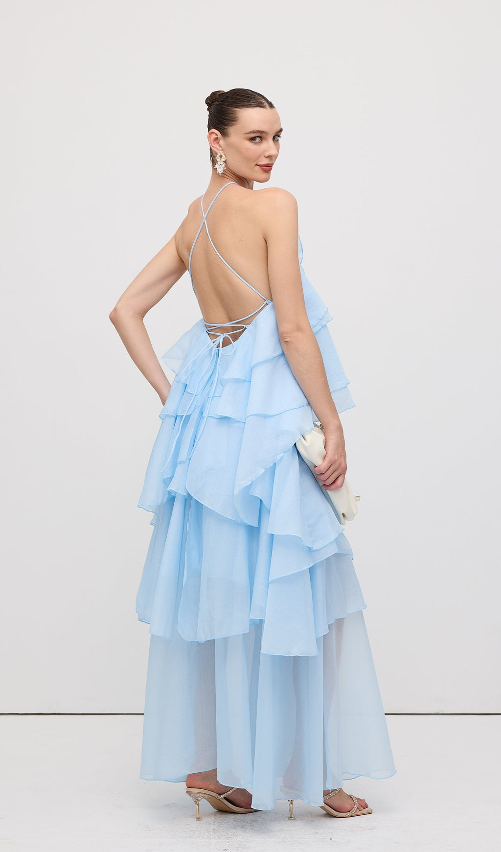 Askılı Katmanlı Uzun Elbise Mavi