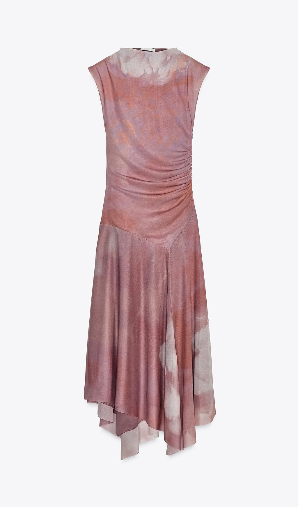 Pembe Büzgülü Tül Midi Elbise