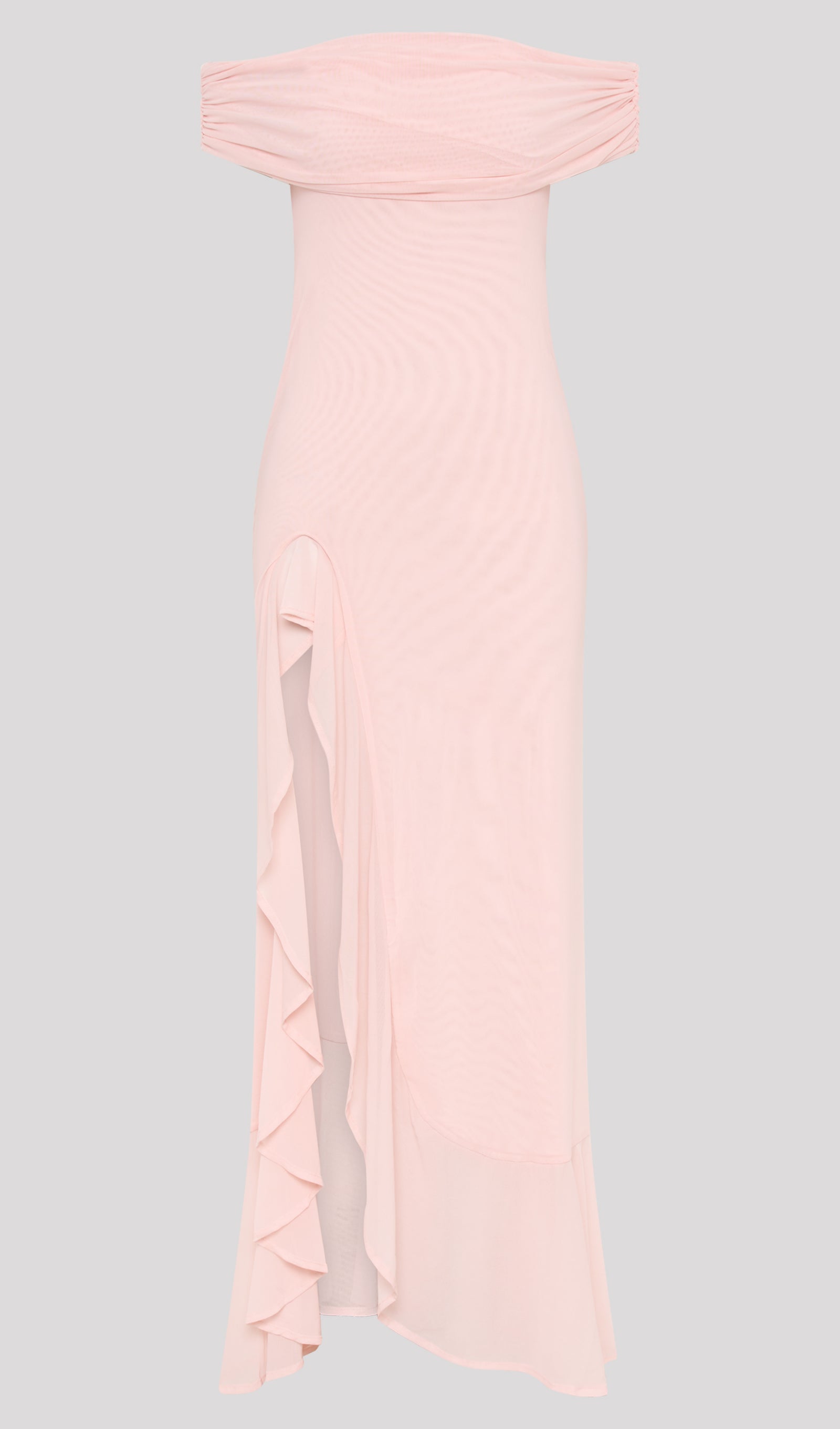 Omuz Açık File Uzun Elbise Soluk Pembe