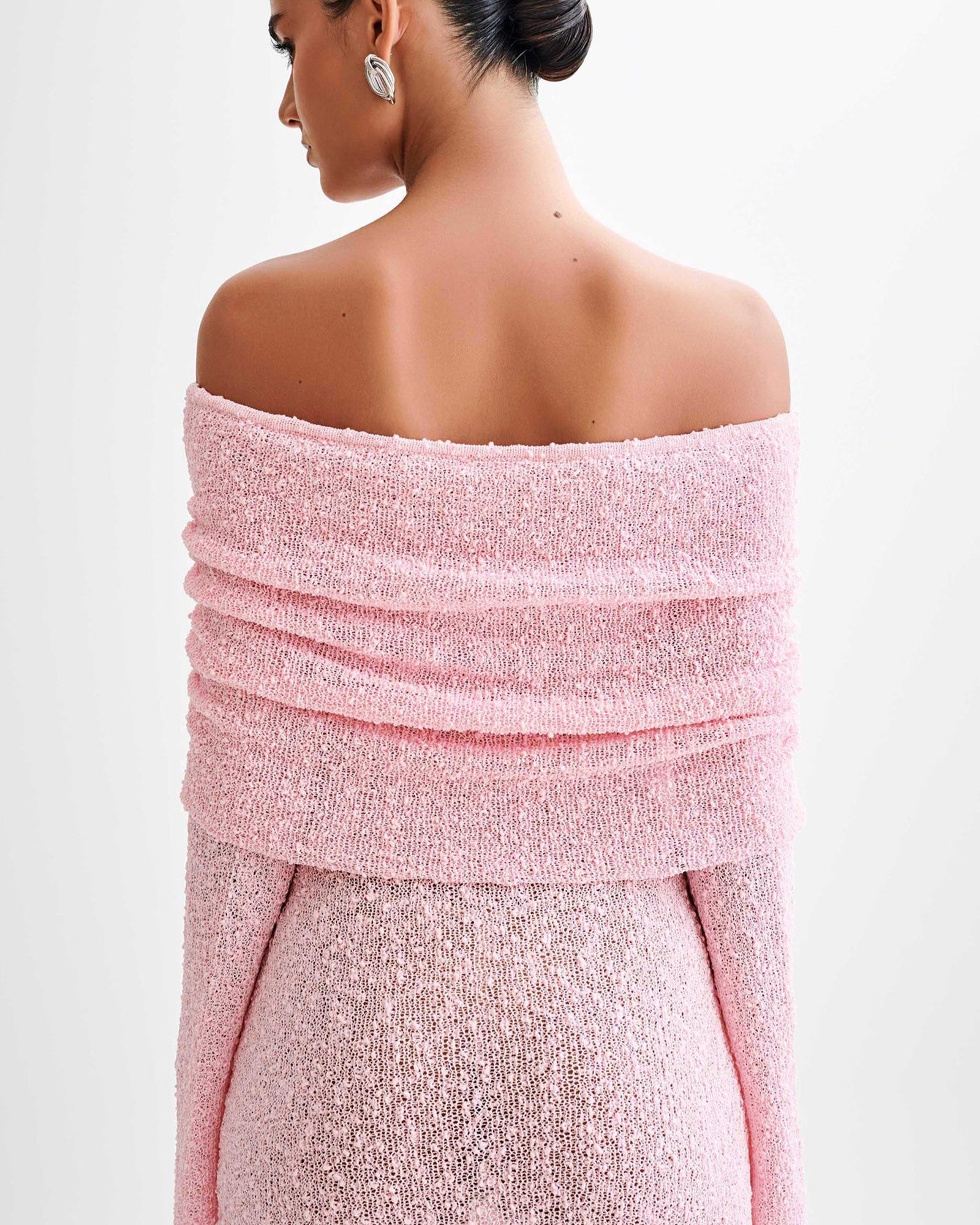 Omuz Açık Pembe Bukle Örgü Mini Elbise