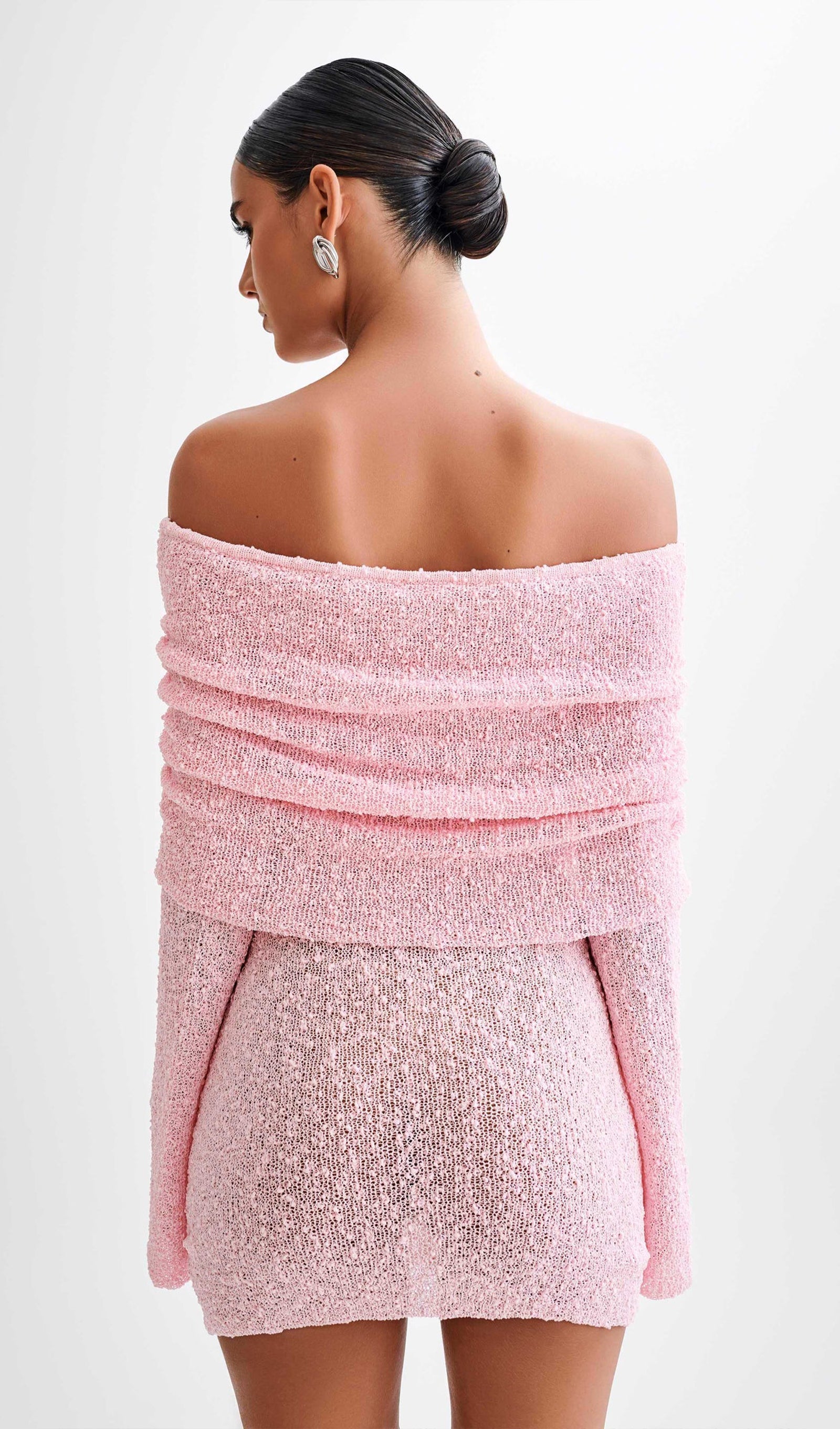 Omuz Açık Pembe Bukle Örgü Mini Elbise