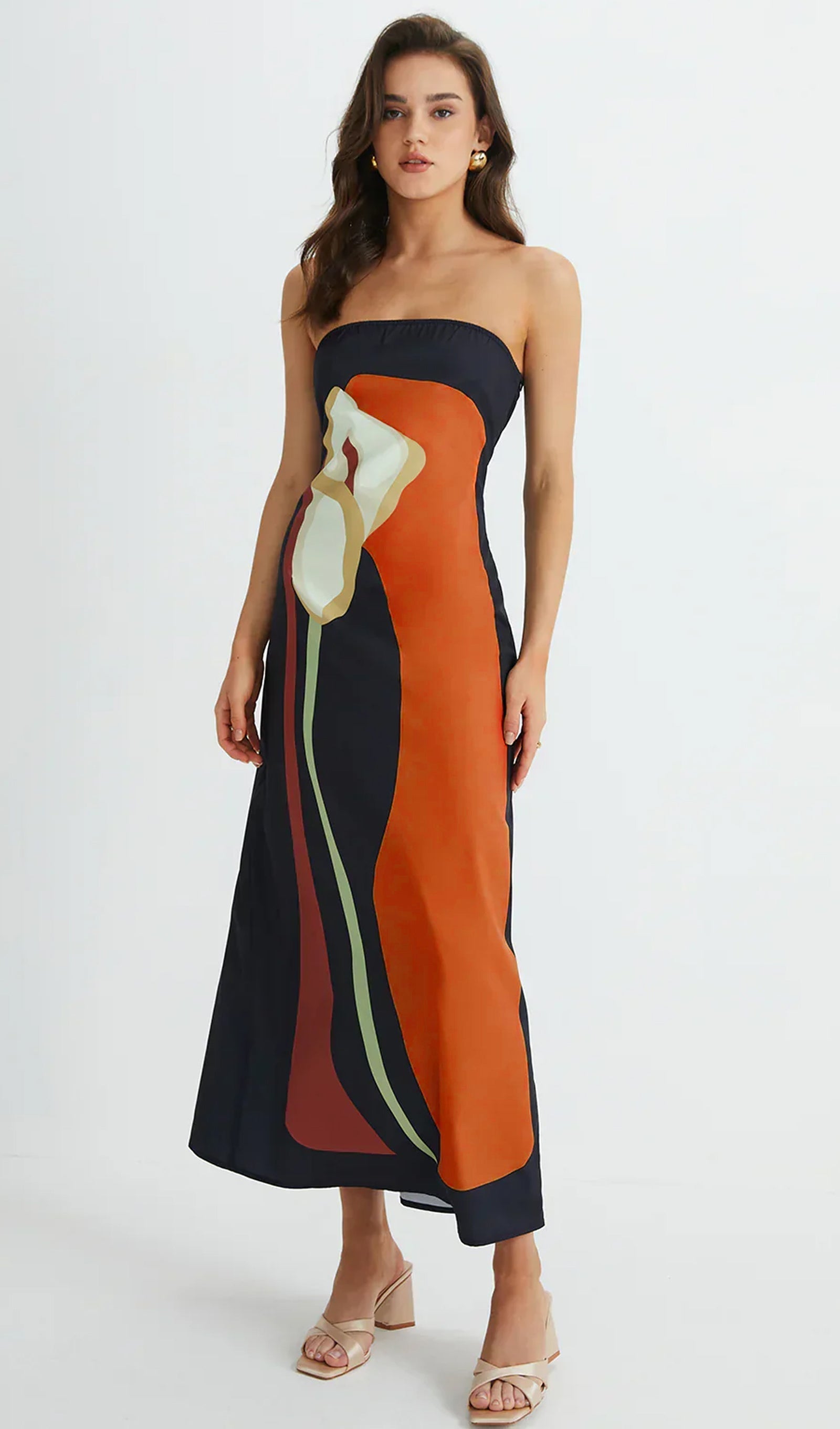 Turuncu Omuz Açık Baskılı Yazlık Midi Elbise