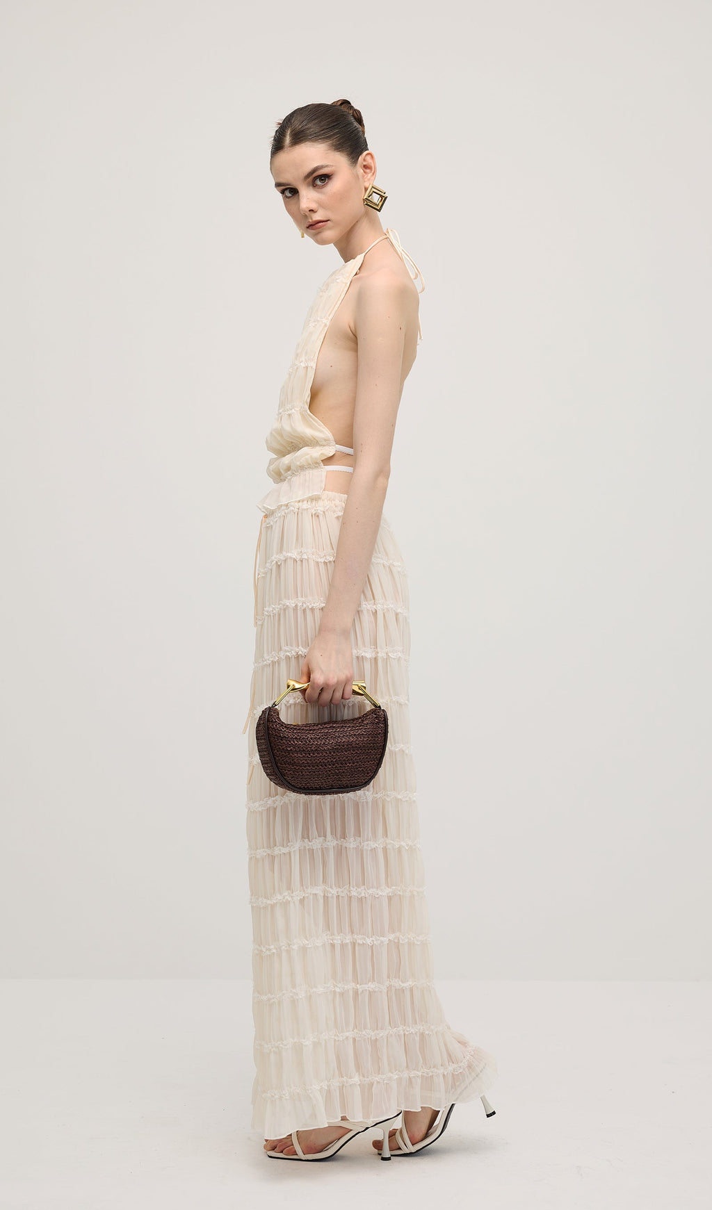 Beyaz Askılı Üst Ve Büzgülü Detaylı Uzun Etek Takımları