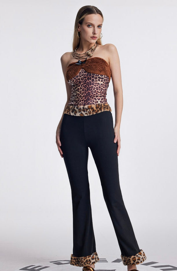 FEROXA Leopar Detaylı Straplez Üst ve Paça Kürklü Pantolon Takım