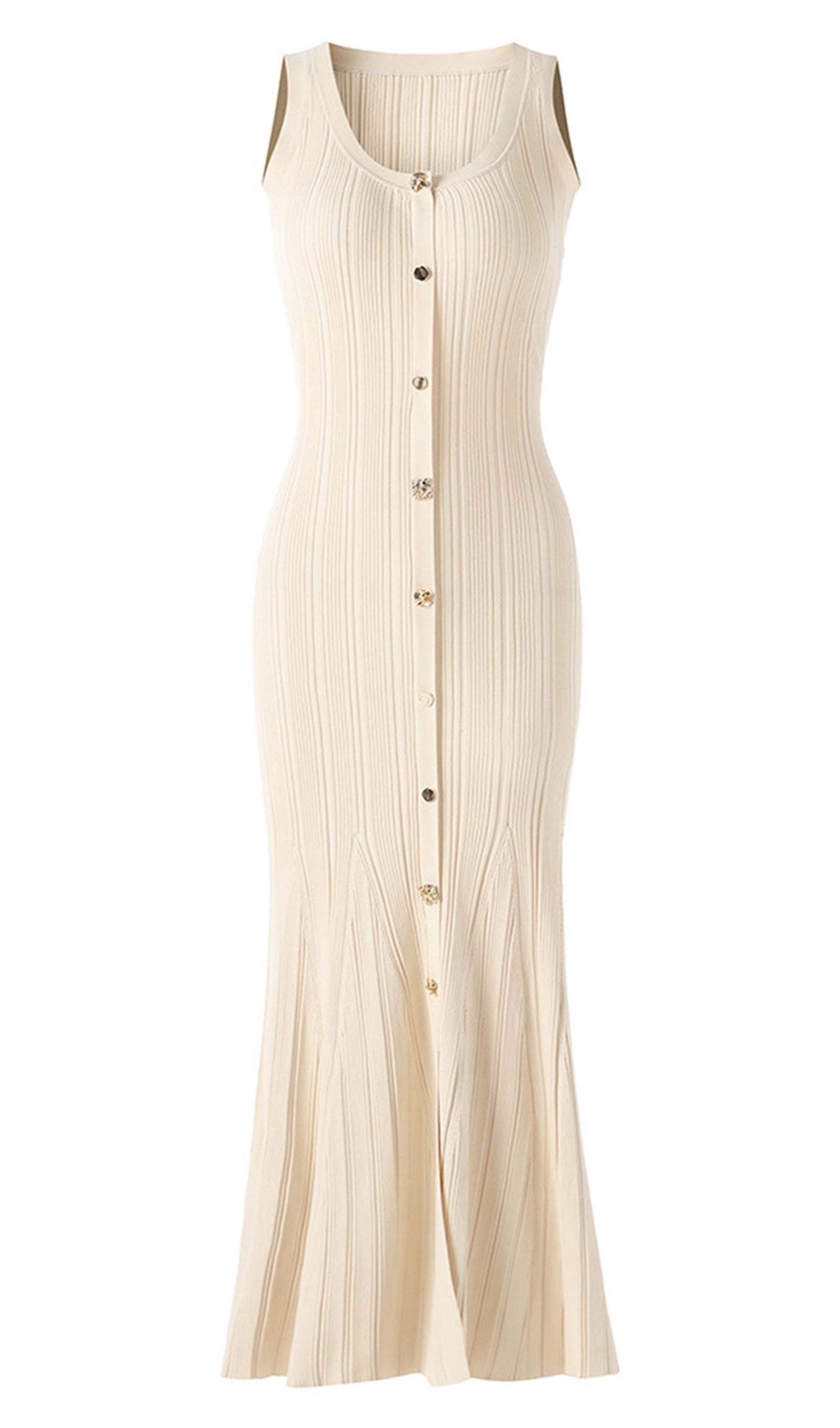 Metalik Düğmeli Örme Midi Elbise