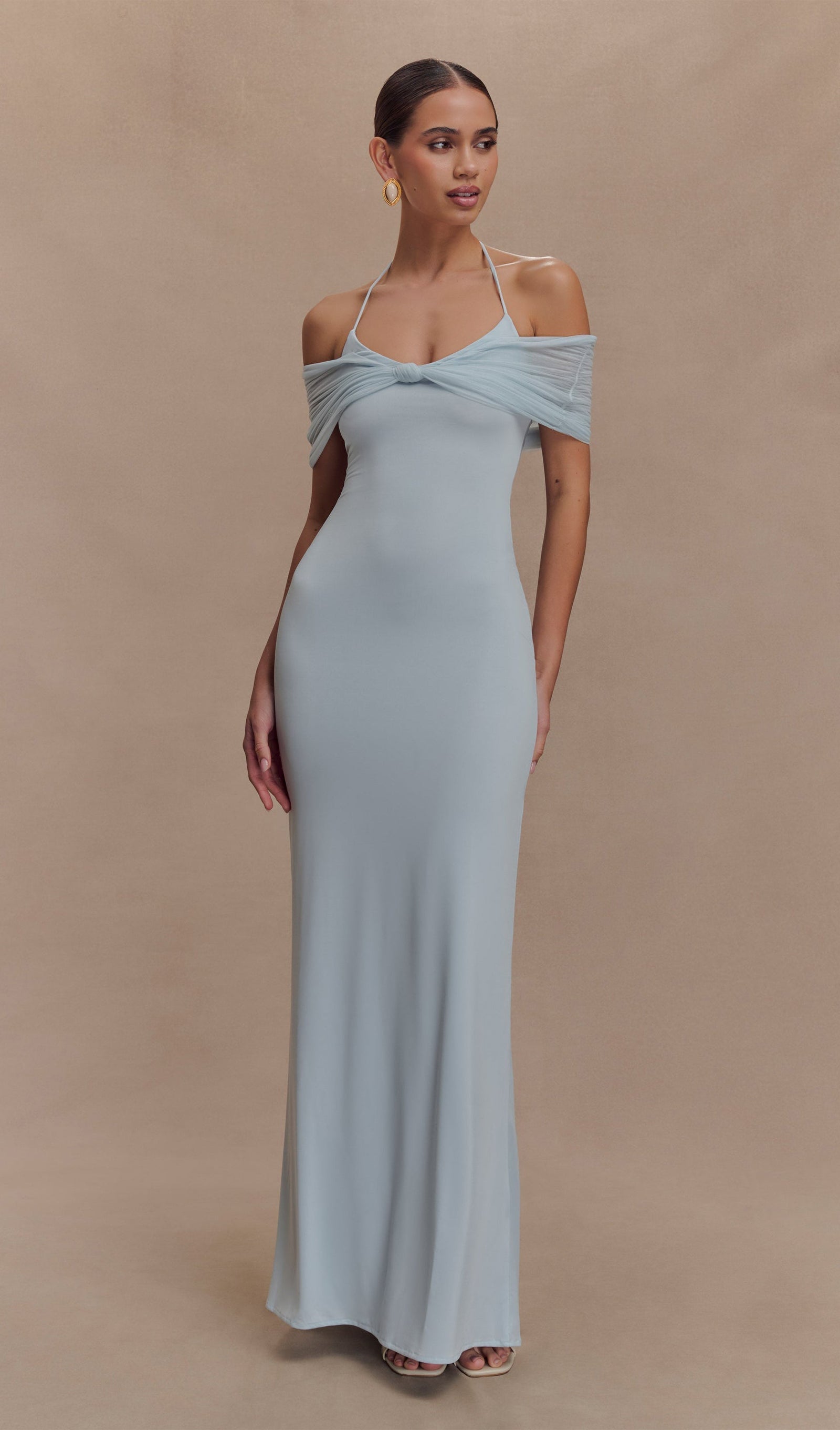 Bebek Mavisi File Ve Slinky Askılı Uzun Elbise