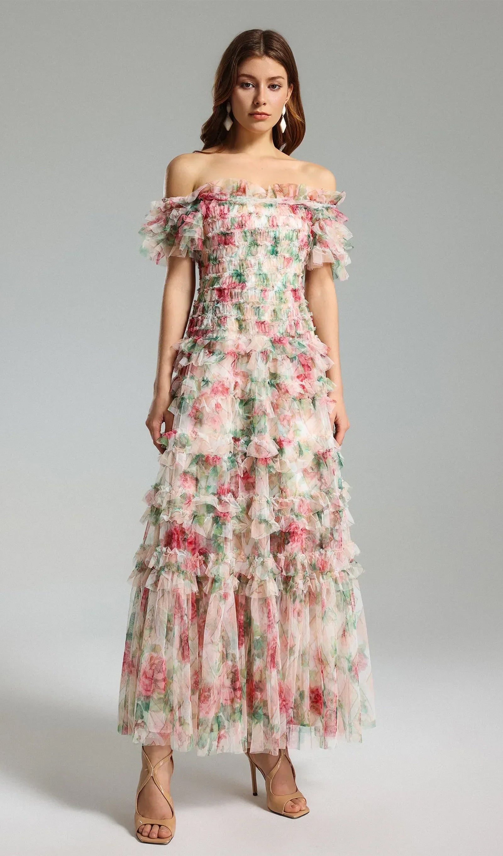 Omuz Açık Çiçekli Volanlı File Uzun Elbise