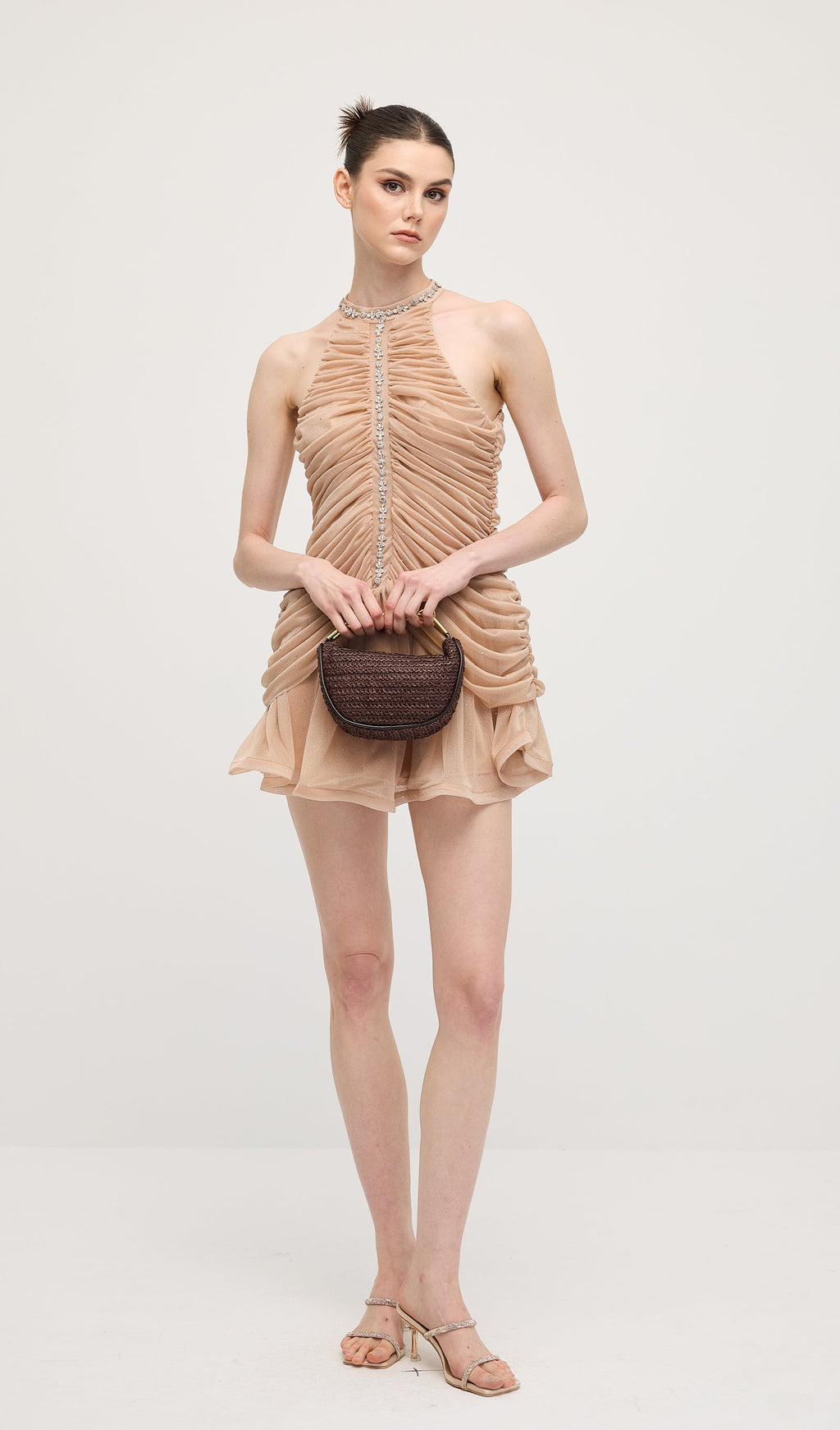 Kayısı Rengi Süslemeli Büzgülü Mini Elbise