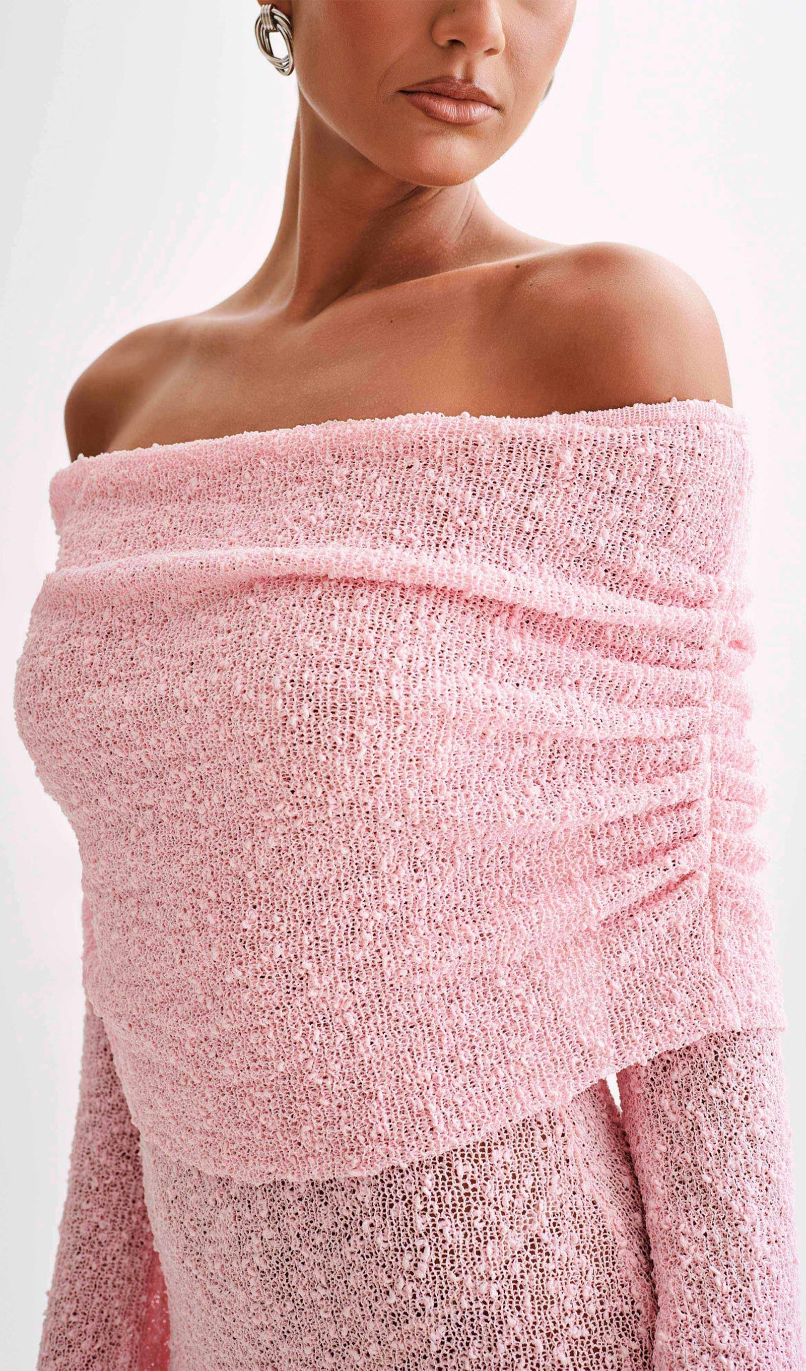 Omuz Açık Pembe Bukle Örgü Mini Elbise