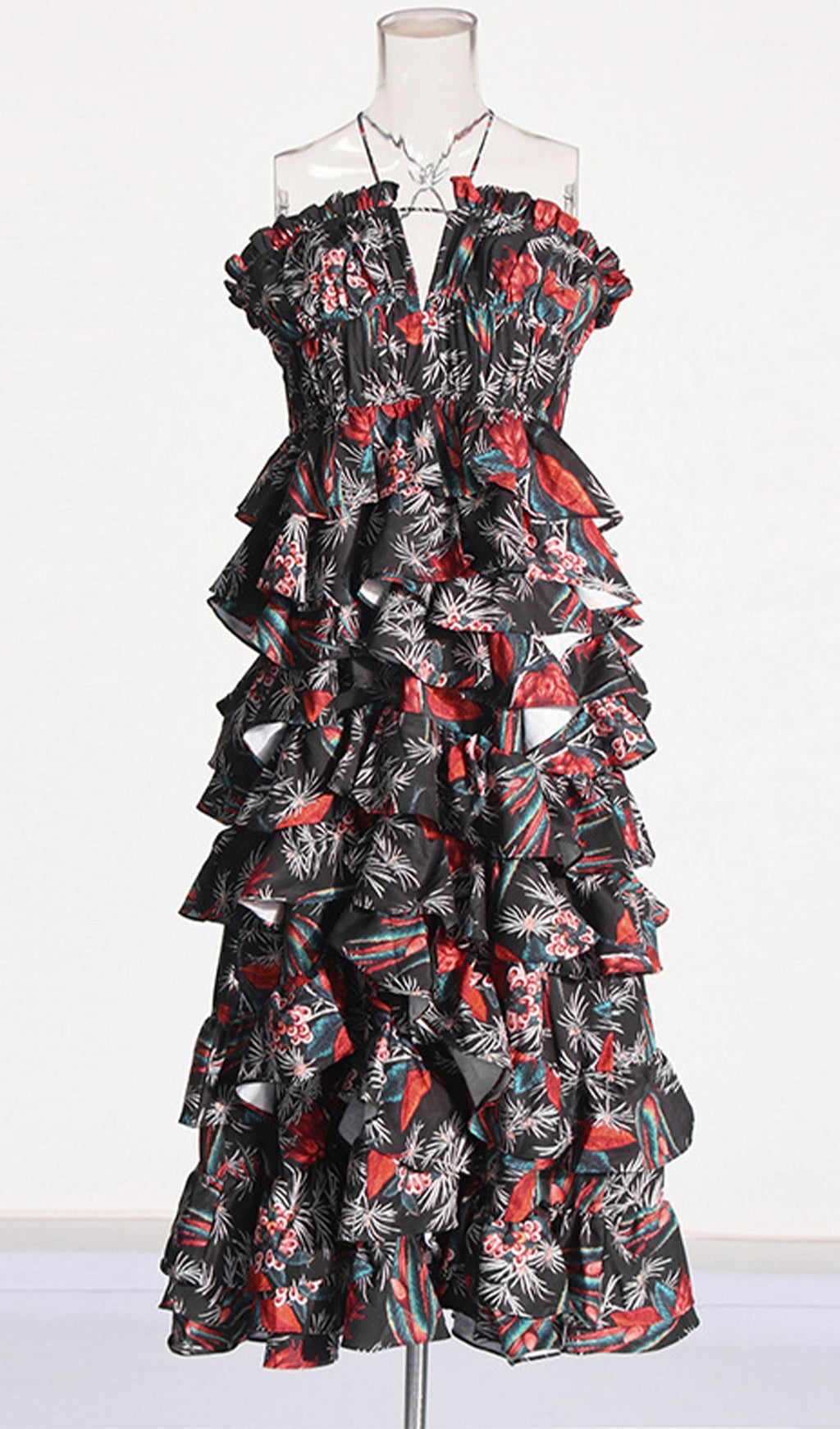 Tenley Halter Yaka Çiçekli Katmanlı Midi Elbise