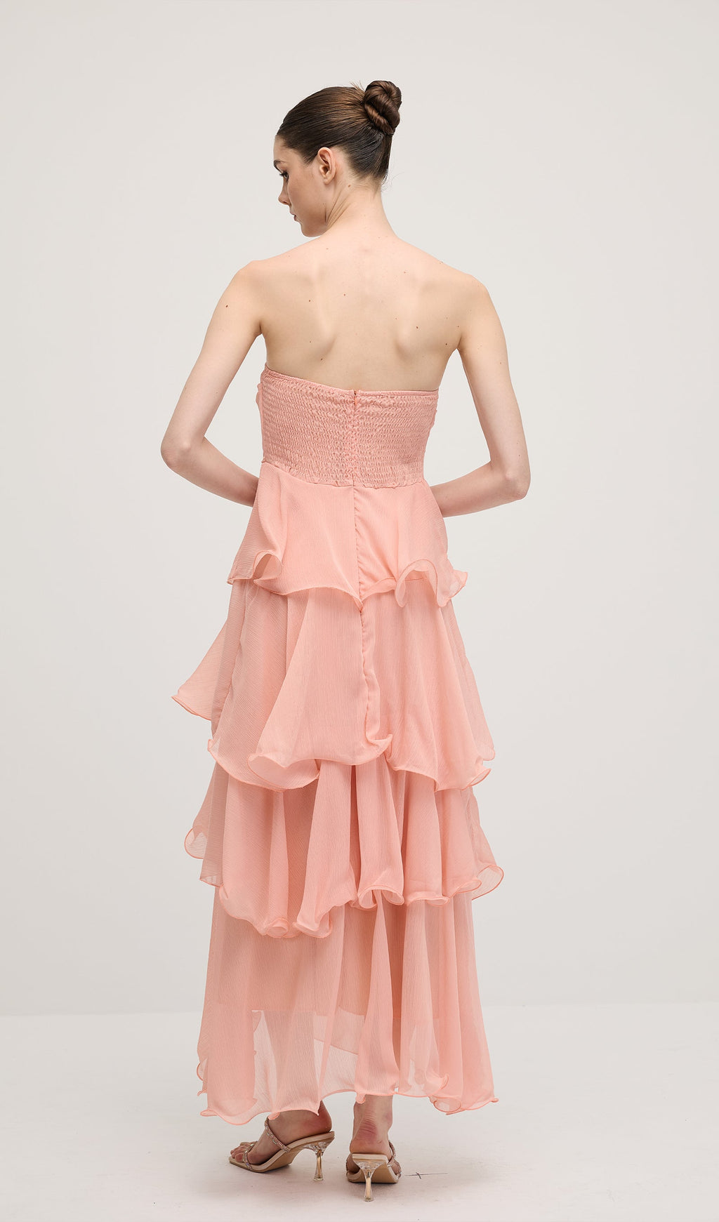 Pembe Straplez Katmanlı Midi Elbise