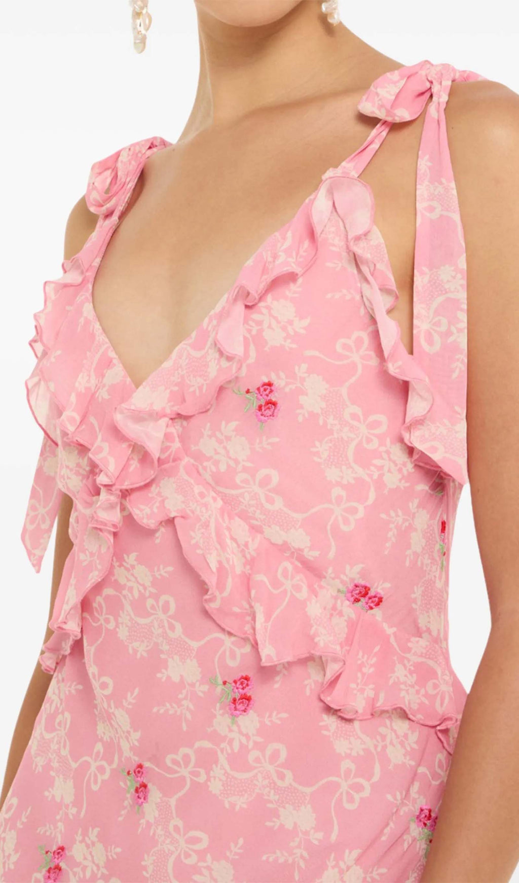 Çiçekli Volanlı File Uzun Elbise