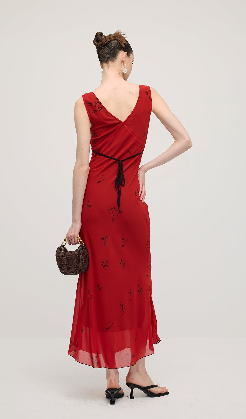 Kırmızı V Yaka Çiçekli Midi Elbise