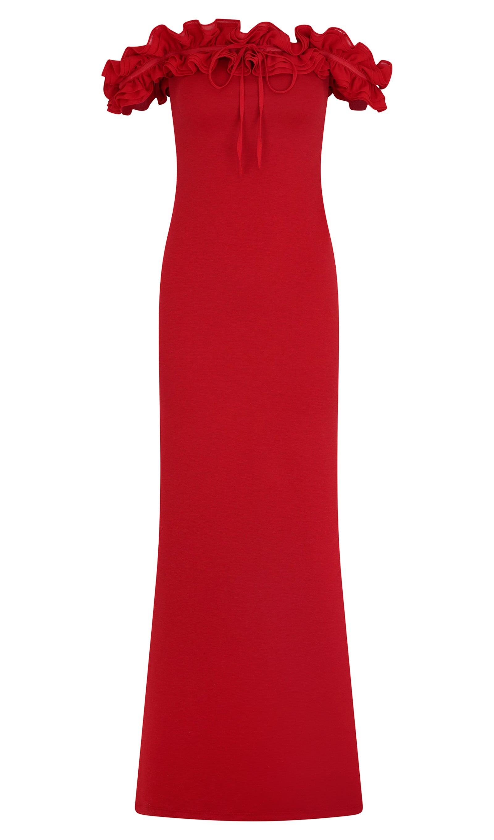 Volanlı Omuz Açık Maksi Elbise