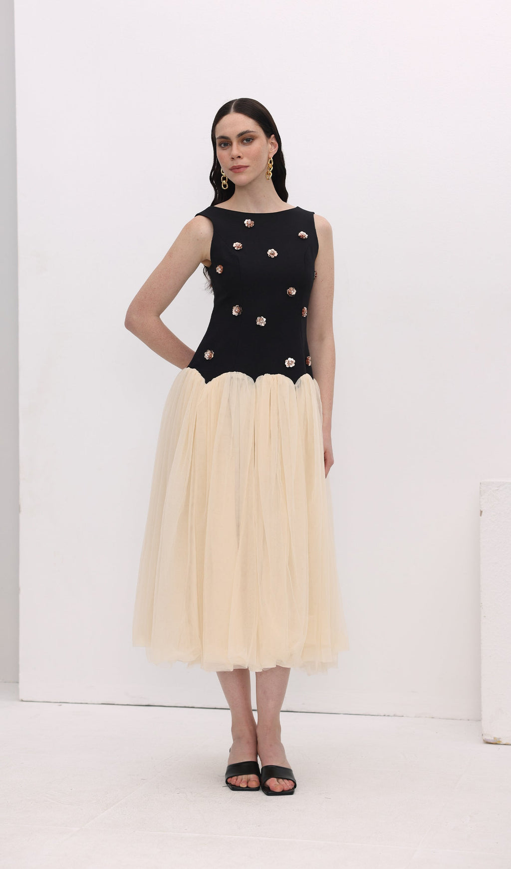 Vintage Kontrast Tül Midi Elbise