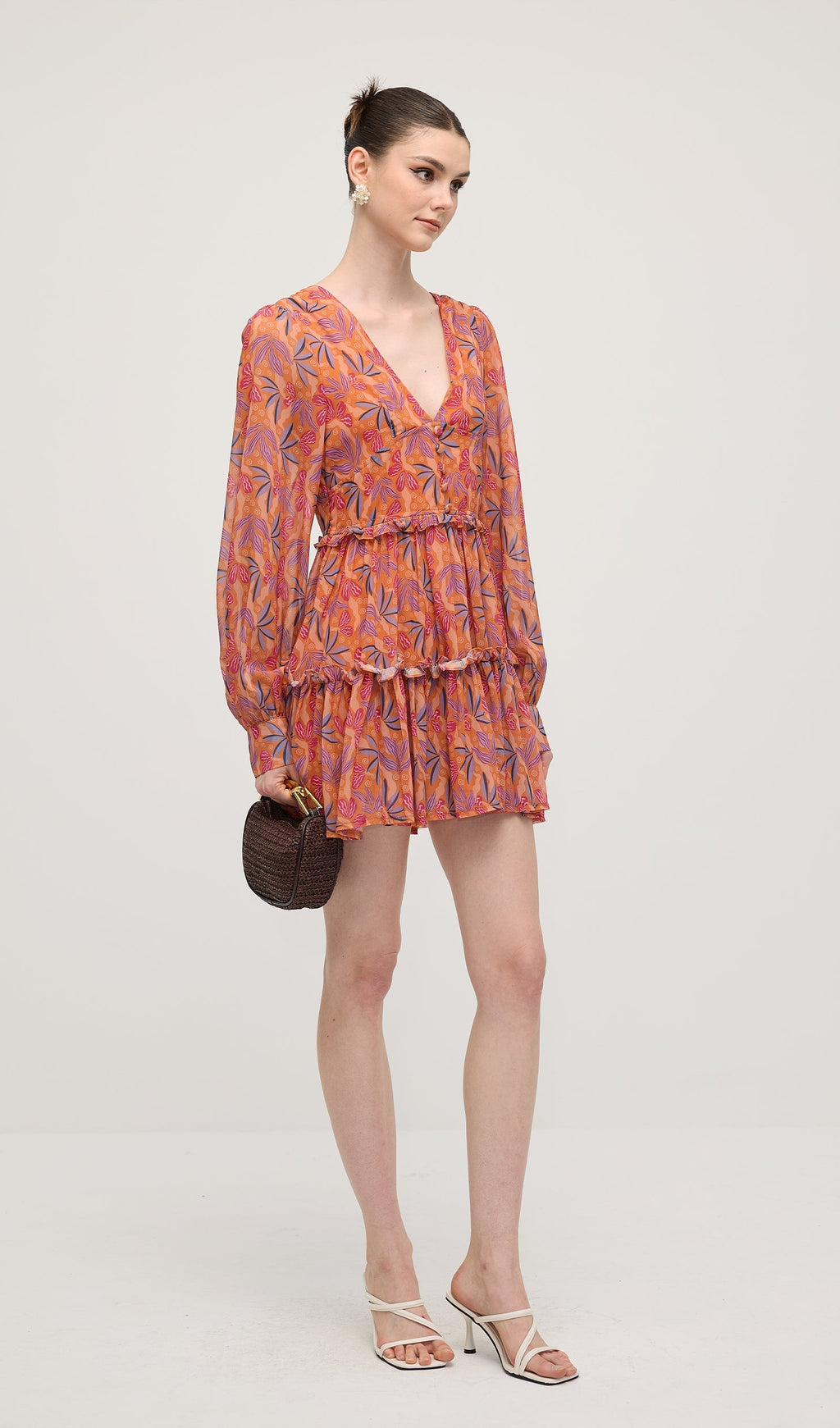 Çiçek Desenli V Yaka Fener Kollu Mini Elbise