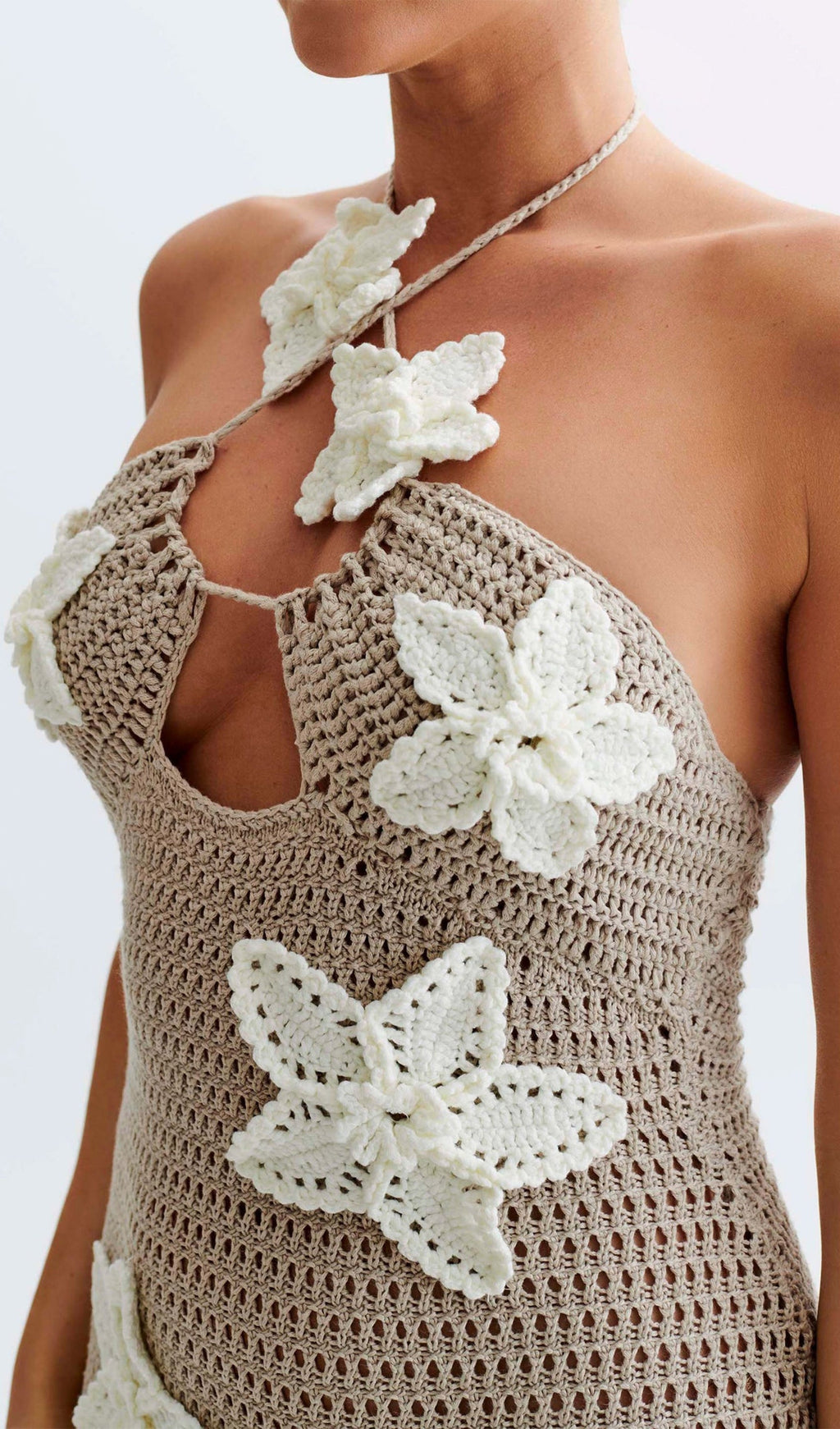 Çiçekli Tığ İşi Uzun Elbise Taupe