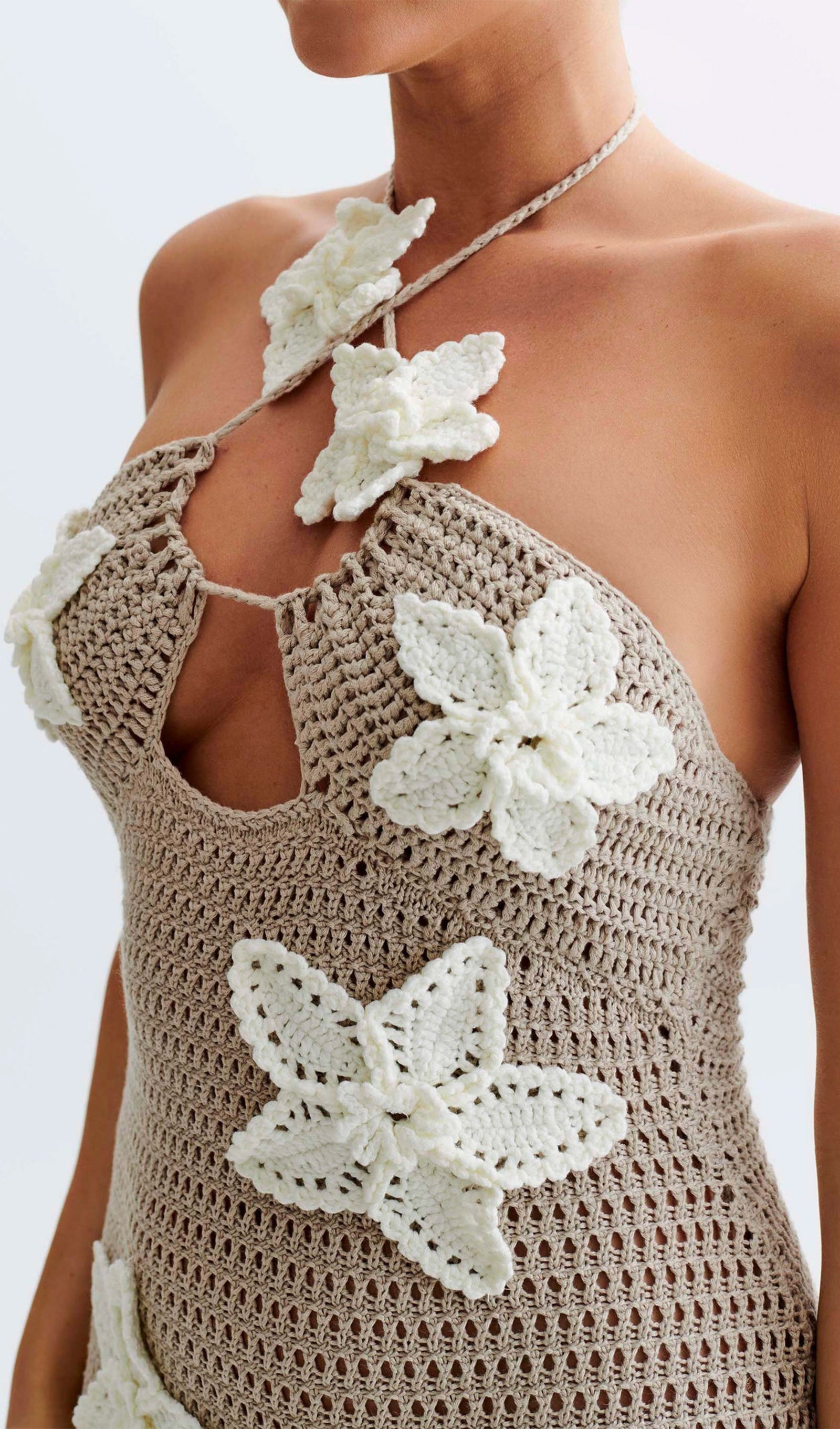 Çiçekli Tığ İşi Uzun Elbise Taupe