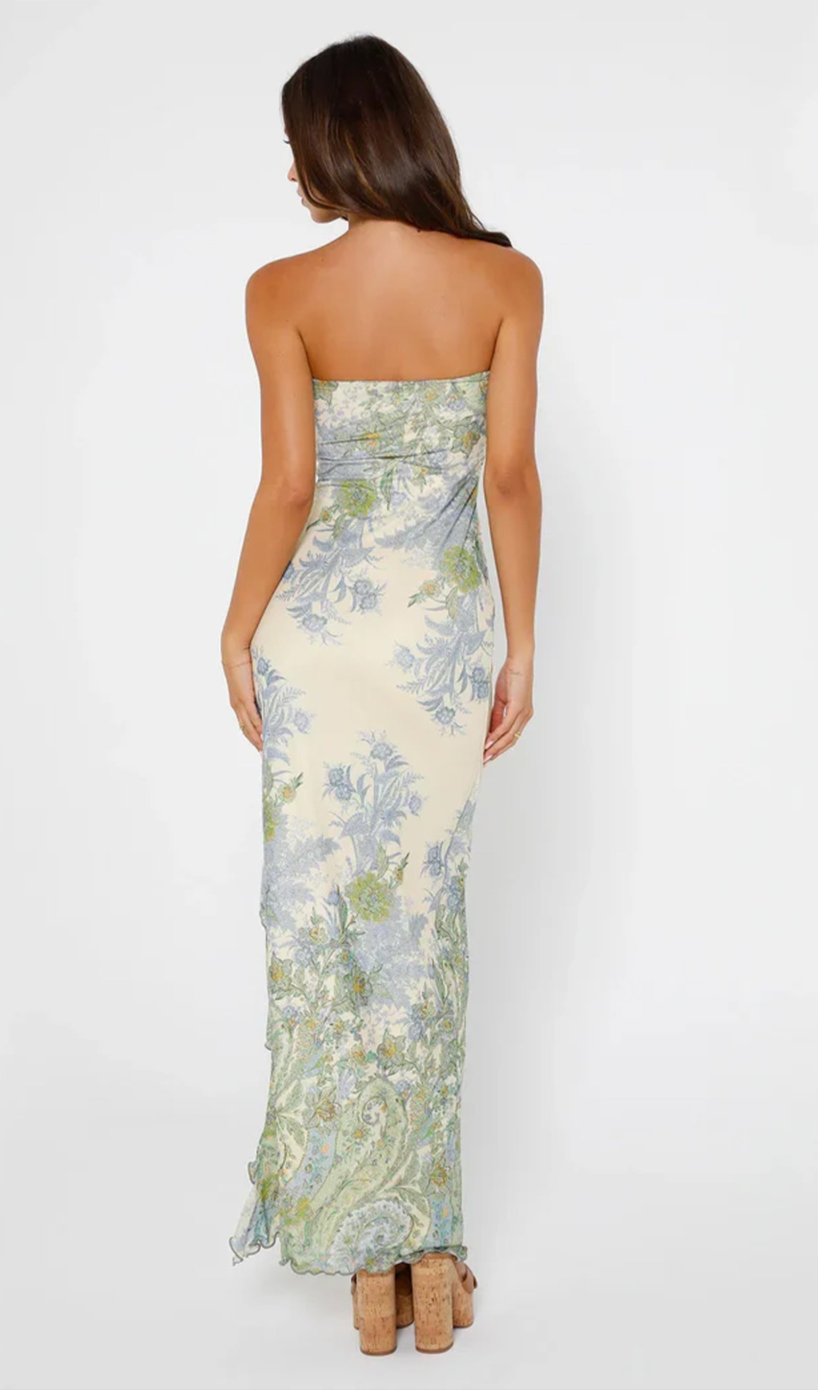 Baskılı Straplez Yırtmaçlı Midi Elbise