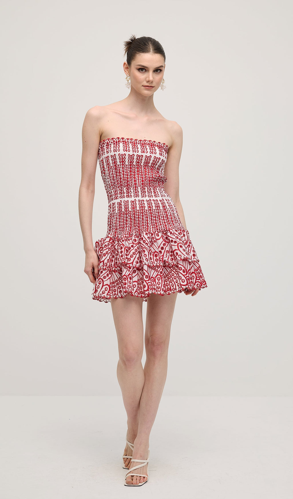 Kırmızı İşlemeli Mini Pamuklu Elbise