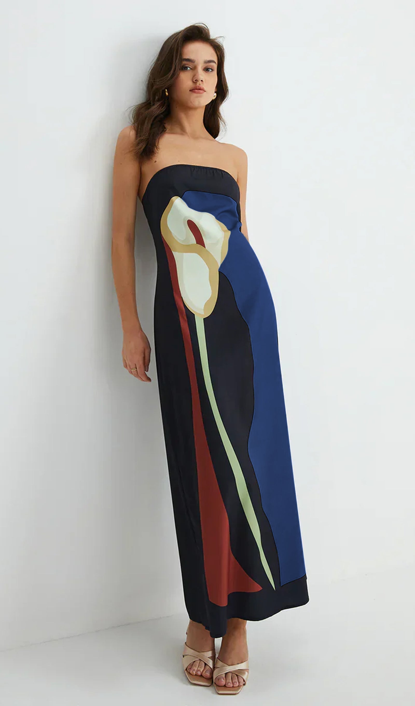 Omuz Açık Baskılı Mavi Yaz Midi Elbise