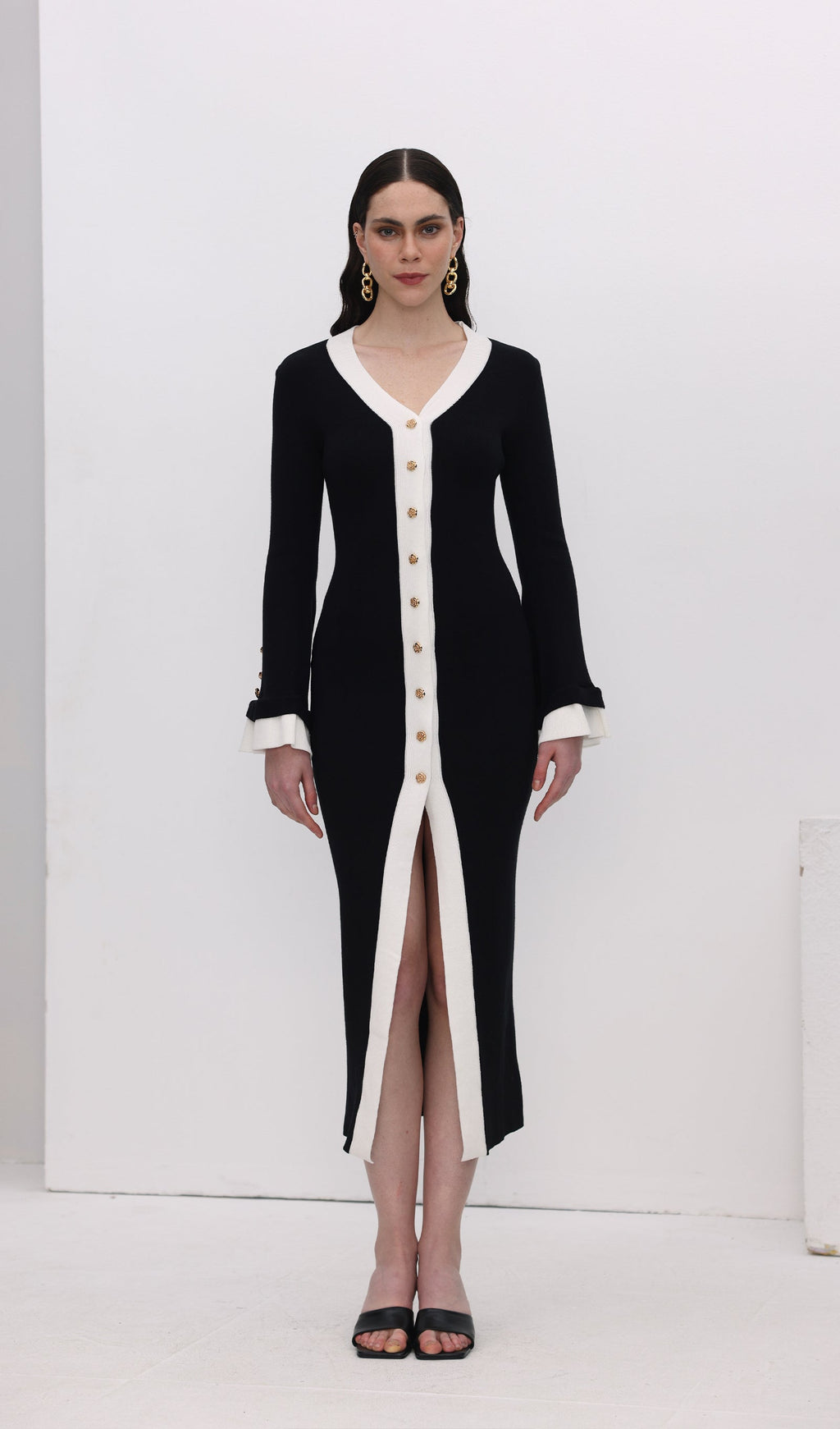 Örme Kontrast Manşetli Uzun Elbise