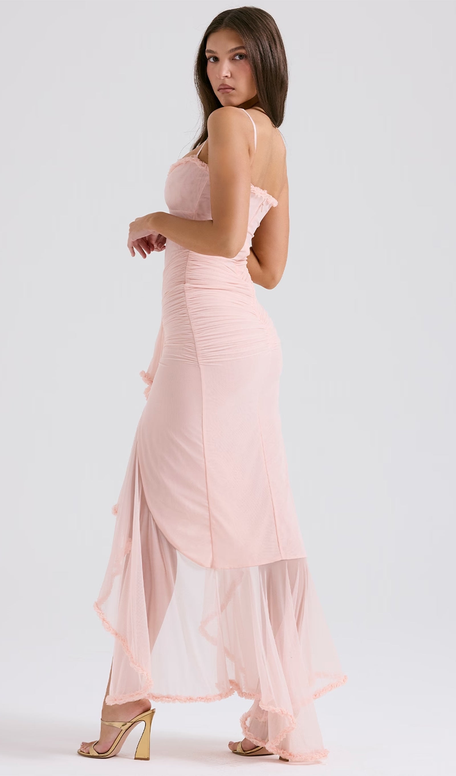 Önü Volanlı Uzun Elbise - Pembe