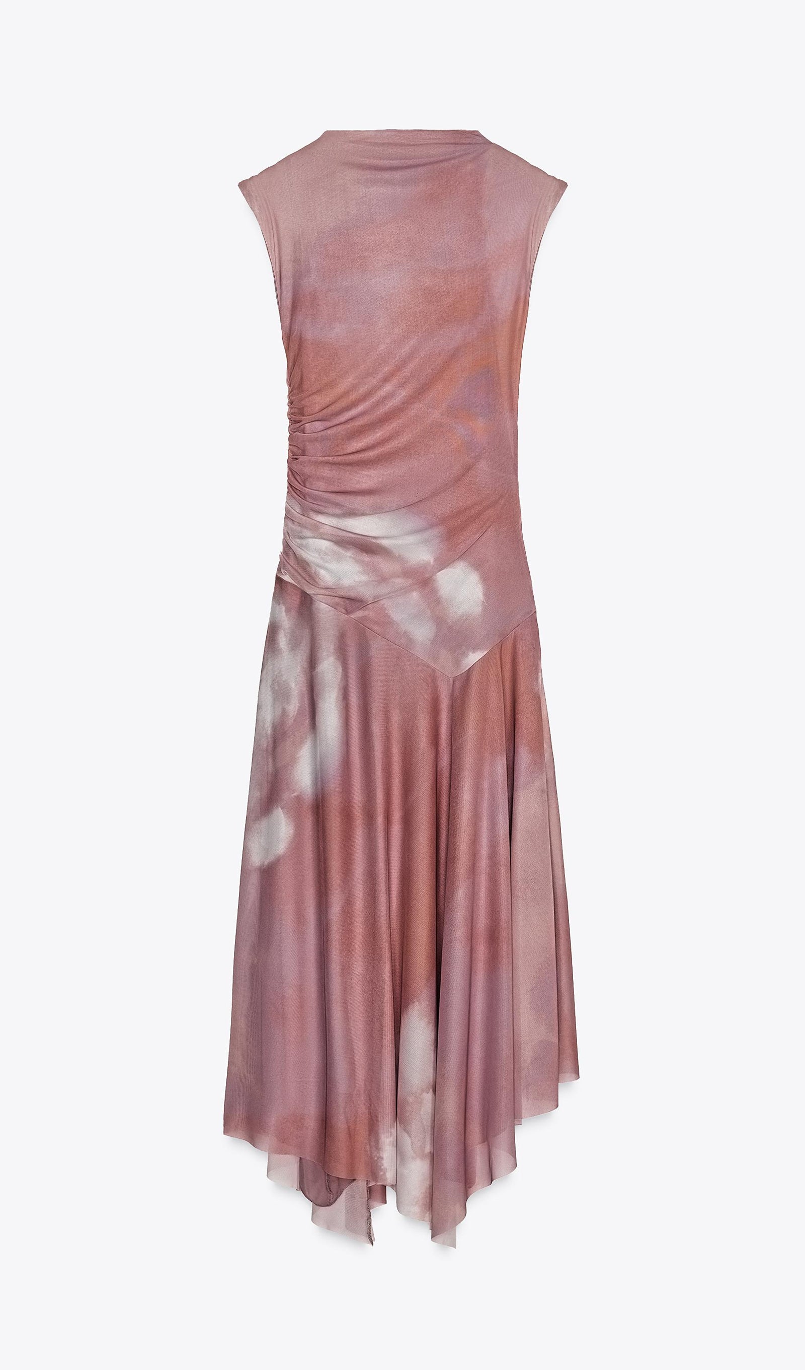 Pembe Büzgülü Tül Midi Elbise