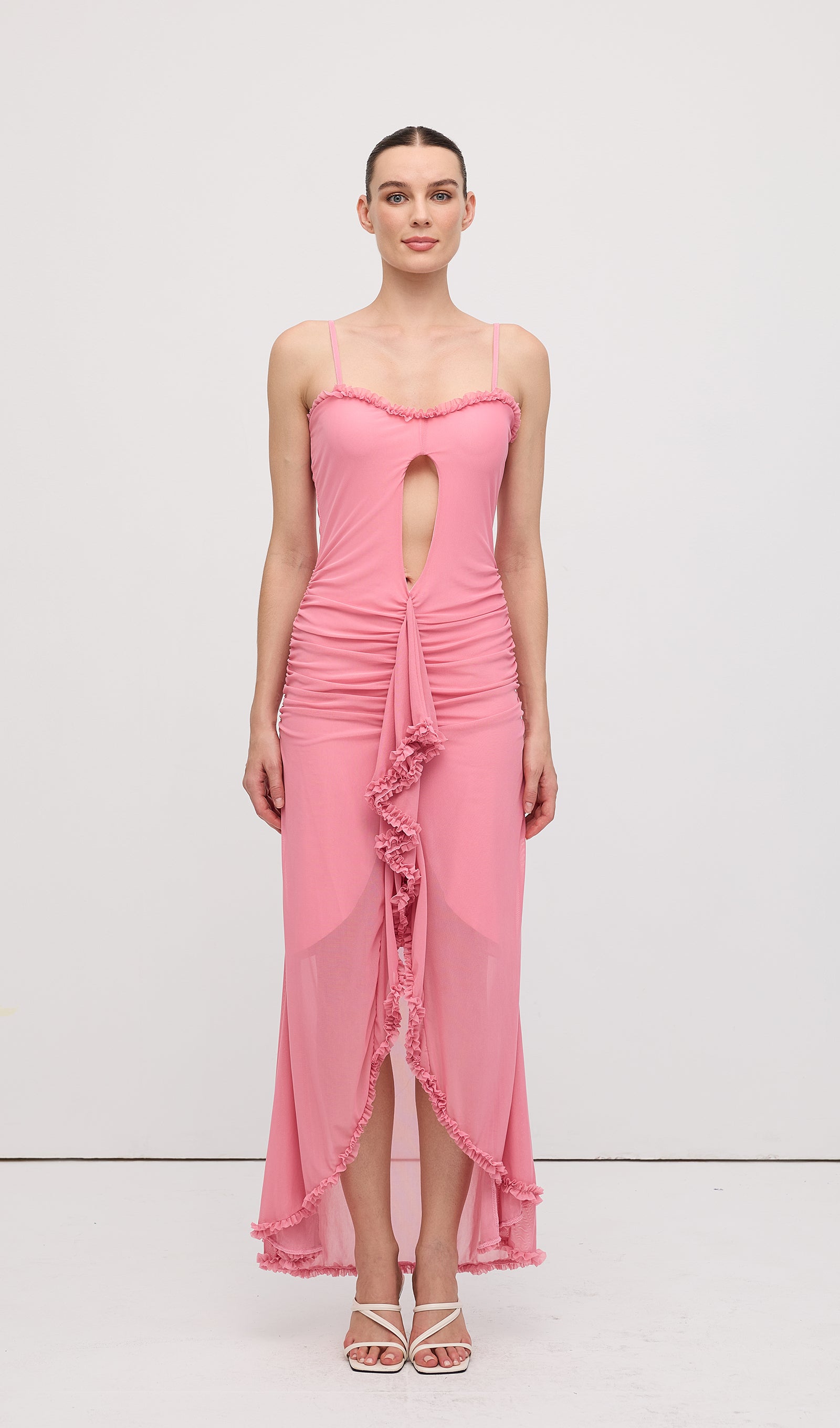 Önü Volanlı Uzun Elbise Pembe