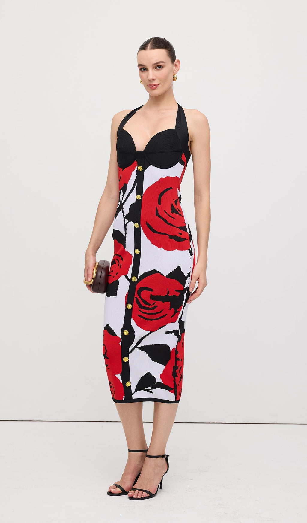 Çiçekli Jakarlı Örgü Midi Elbise