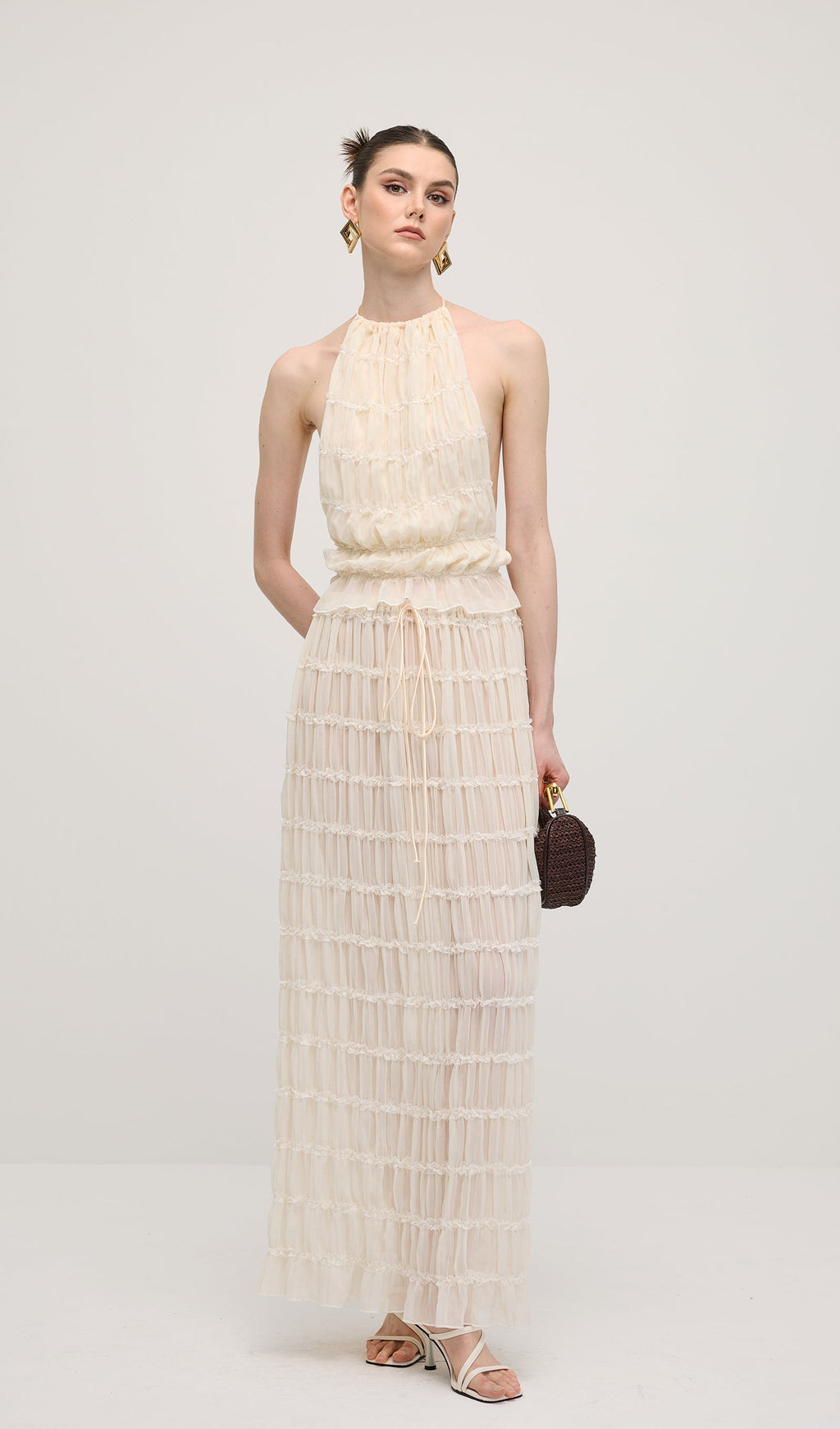 Beyaz Askılı Üst Ve Büzgülü Detaylı Uzun Etek Takımları