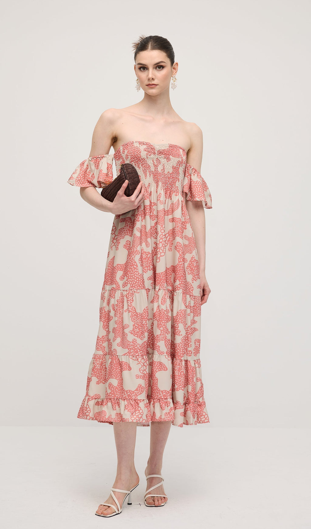 Omuz Açık Fırfırlı Baskılı Midi Elbise