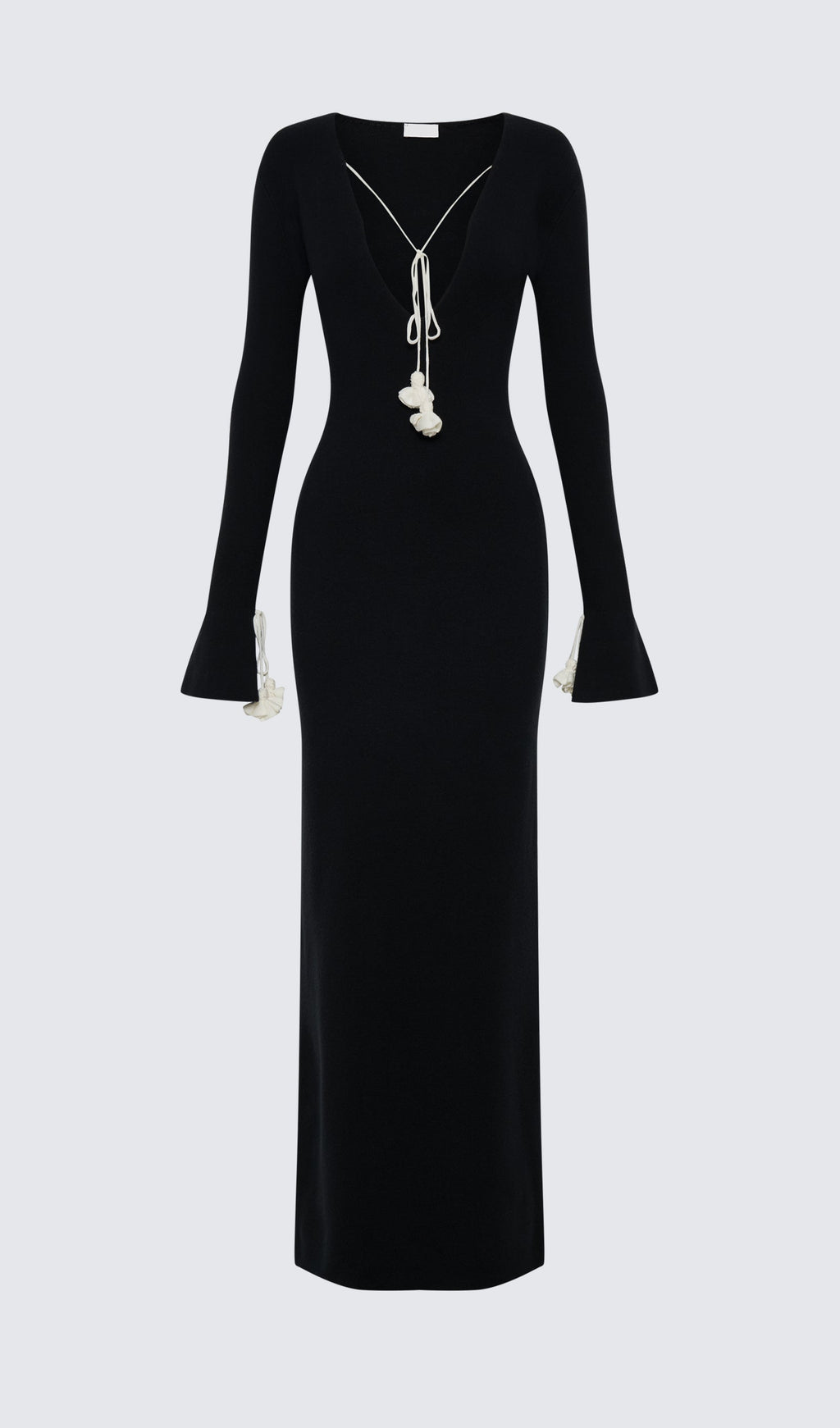 Çiçekli Bağcıklı Örme Uzun Elbise