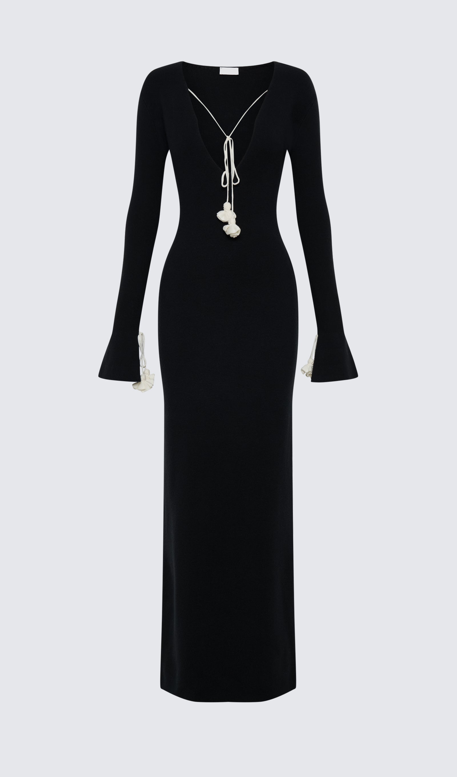 Çiçekli Bağcıklı Örme Uzun Elbise