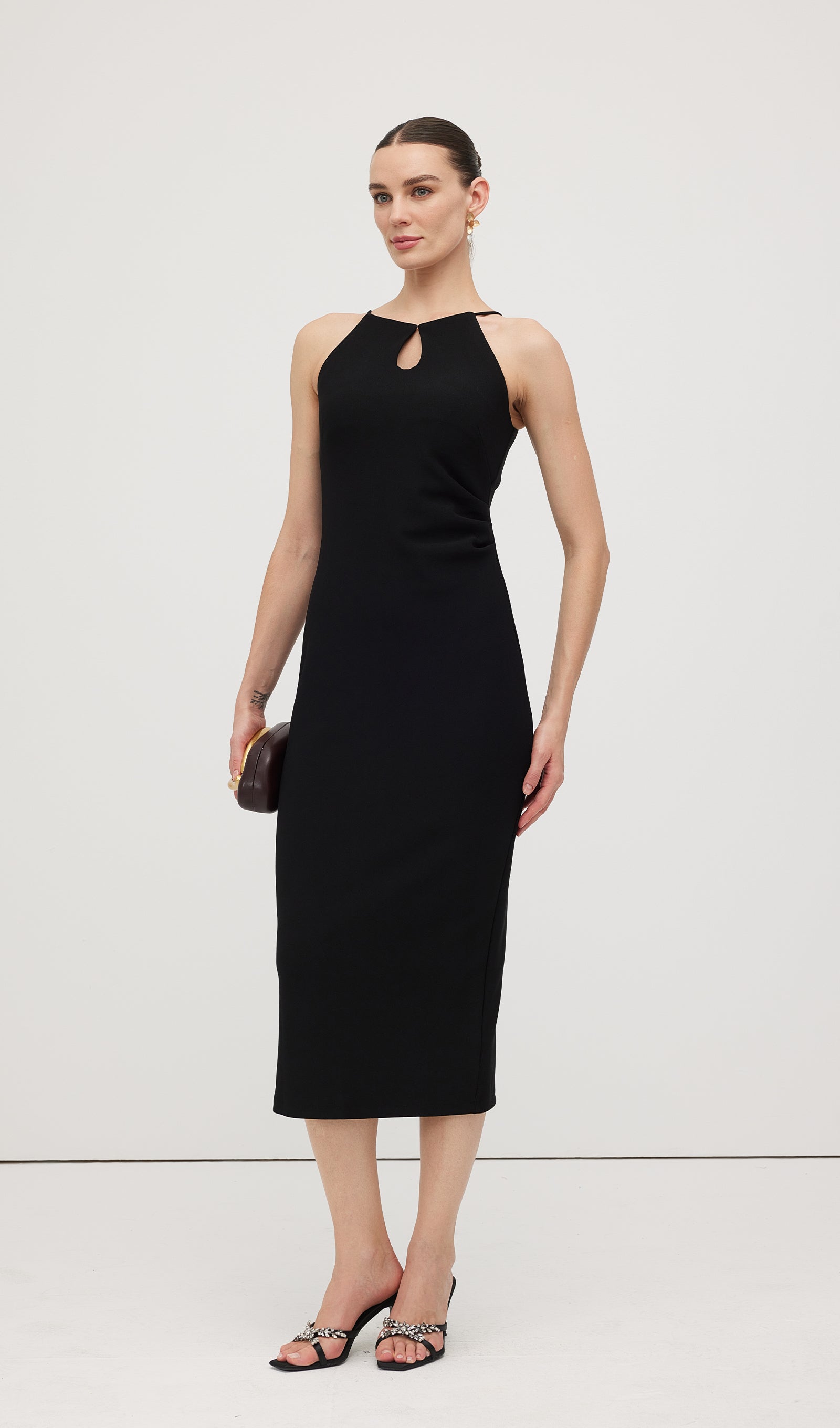 Düz Anahtar Deliği Kesimli Midi Elbise